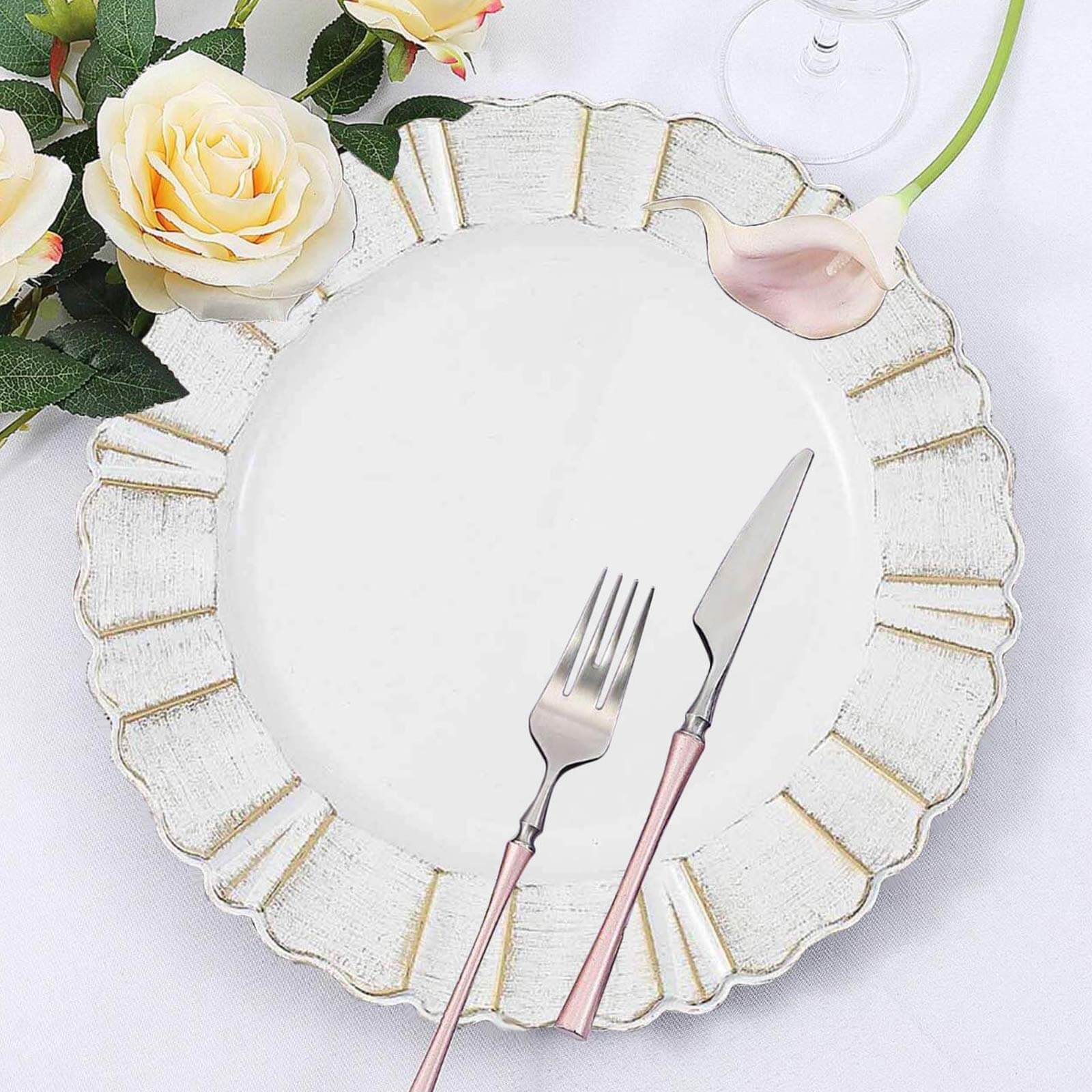 6-Pack Acrylic Plastic Round Charger Plates 13" in White with Gold Brushed Wavy Scalloped Rim, Decorative Dinner Party Charger Tableware