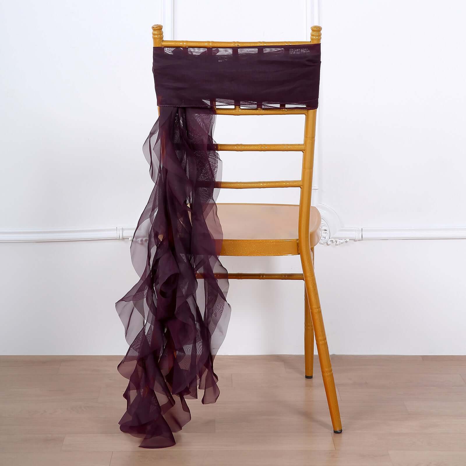 1 Set Chiffon Hoods Chair Sashes with Willow Ruffles Design Eggplant - Stylish Chair Bow Decor