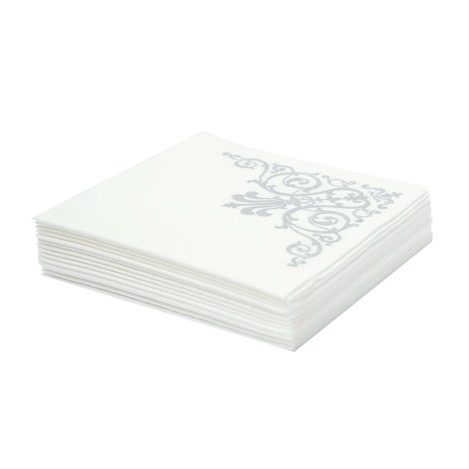 20 Pack Linen-Like Paper 5"x5" Napkins White - Silver Fleur Vintage Design - Classy Airlaid Cocktail Napkins for Events
