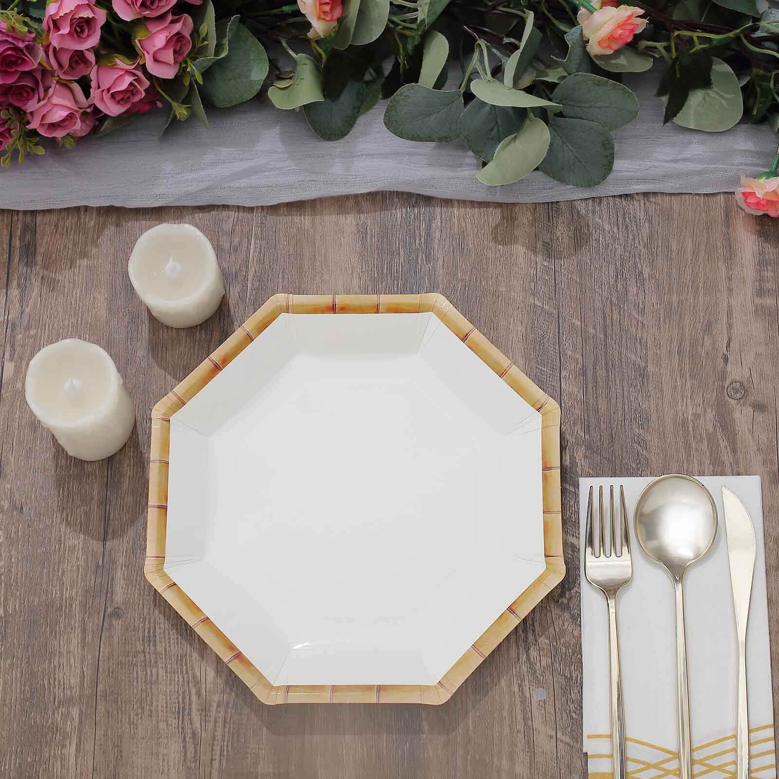 25-Pack Paper 9" Octagonal Dinner Plates in White with Bamboo Print Rim - Disposable Geometric Party Plates for Tropical & Beach Themed Celebrations