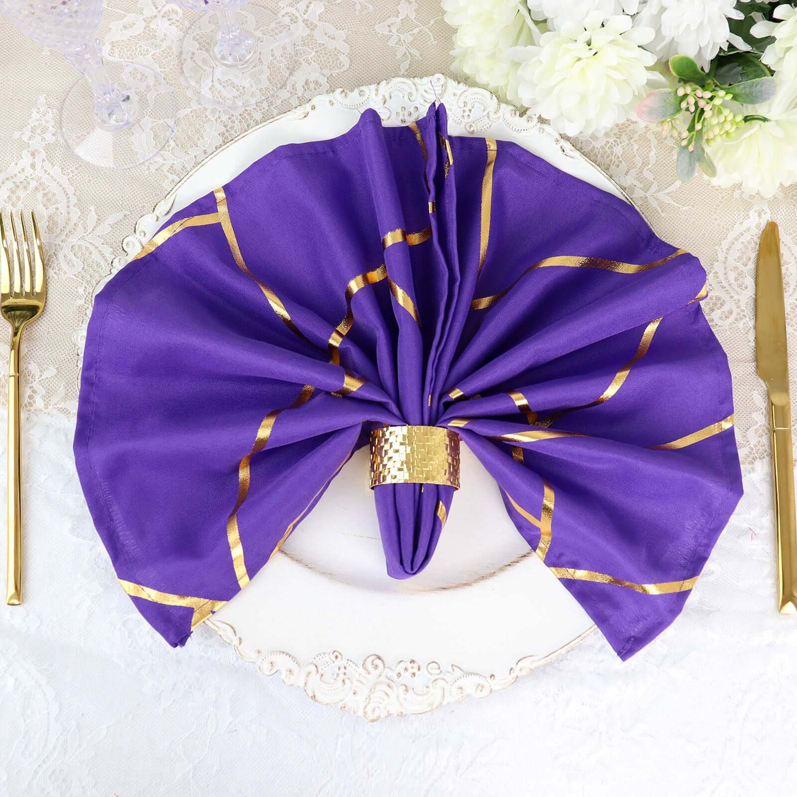 5 Pack Polyester 20"x20" Napkins Purple with Gold Geometric Foil Pattern - Modern Reusable Dinner Napkins