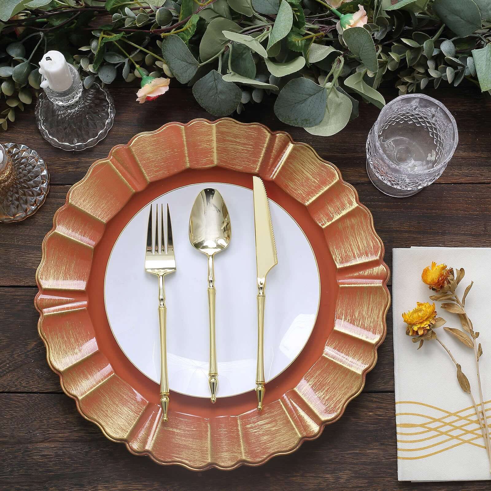 6-Pack Acrylic Plastic Round Charger Plates 13" in Terracotta (Rust) with Gold Brushed Wavy Scalloped Rim, Decorative Dinner Party Charger Tableware