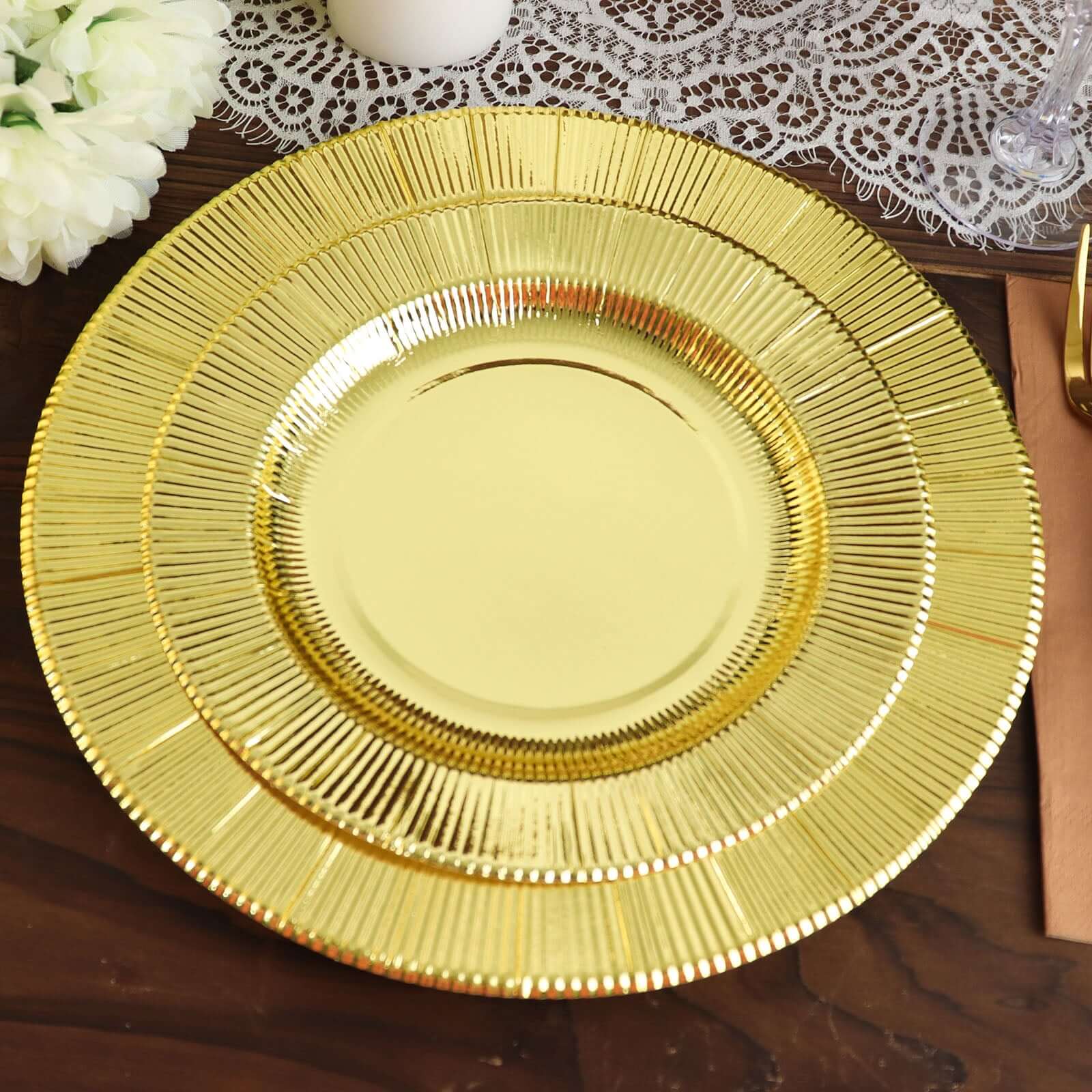 25-Pack Paper 8" Round Dessert Plates in Metallic Gold Sunray Design - Disposable Heavy Duty 350GSM Appetizer Salad Plates