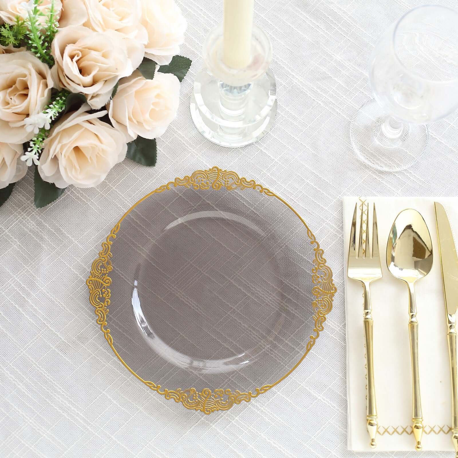 10-Pack Plastic 8" Round Dessert Plates in Transparent Black with Gold Leaf Embossed Rim - Disposable Vintage Baroque Style Salad Plates