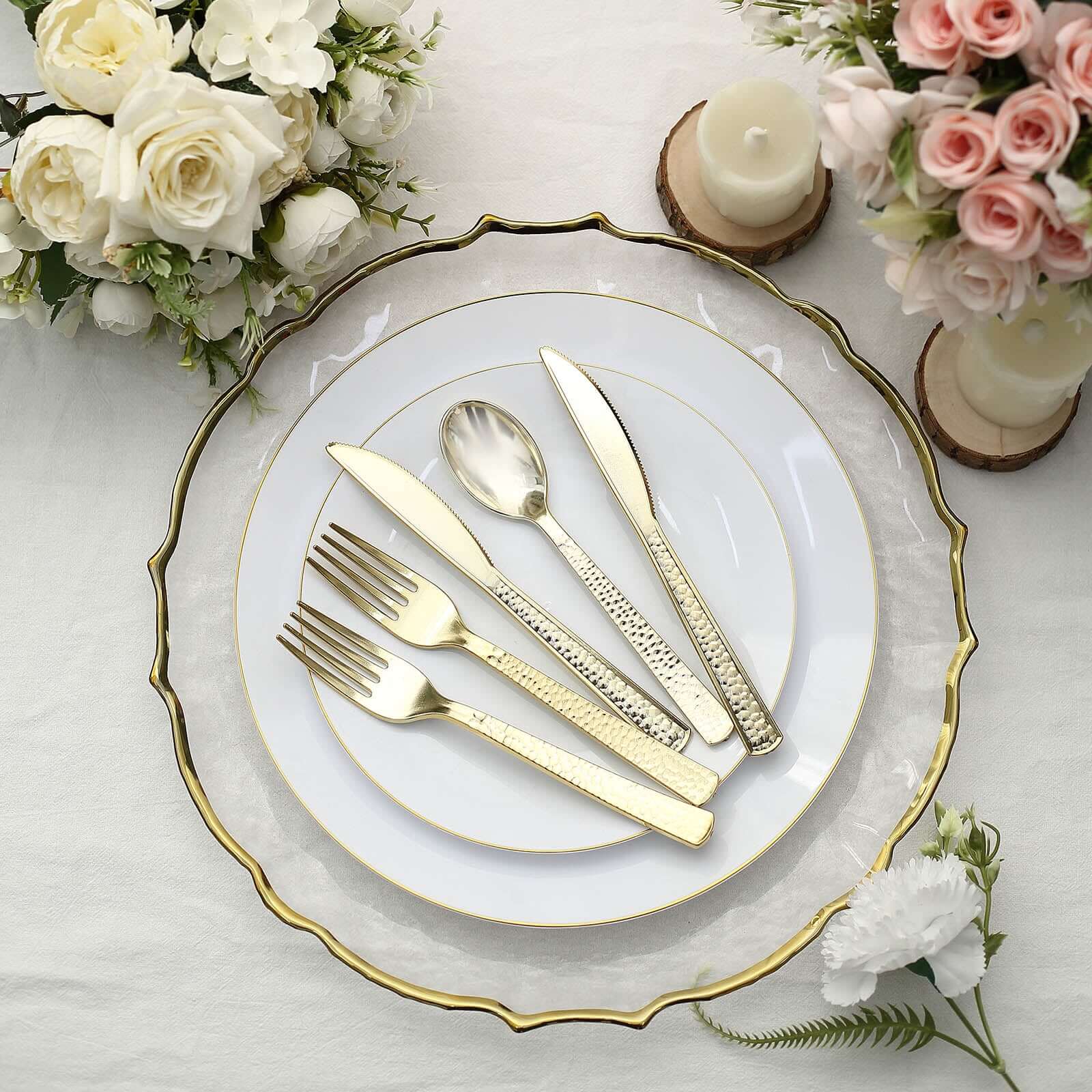 24-Pack Plastic Silverware Set with Hammered Design Gold - Heavy Duty Disposable Utensils 7"