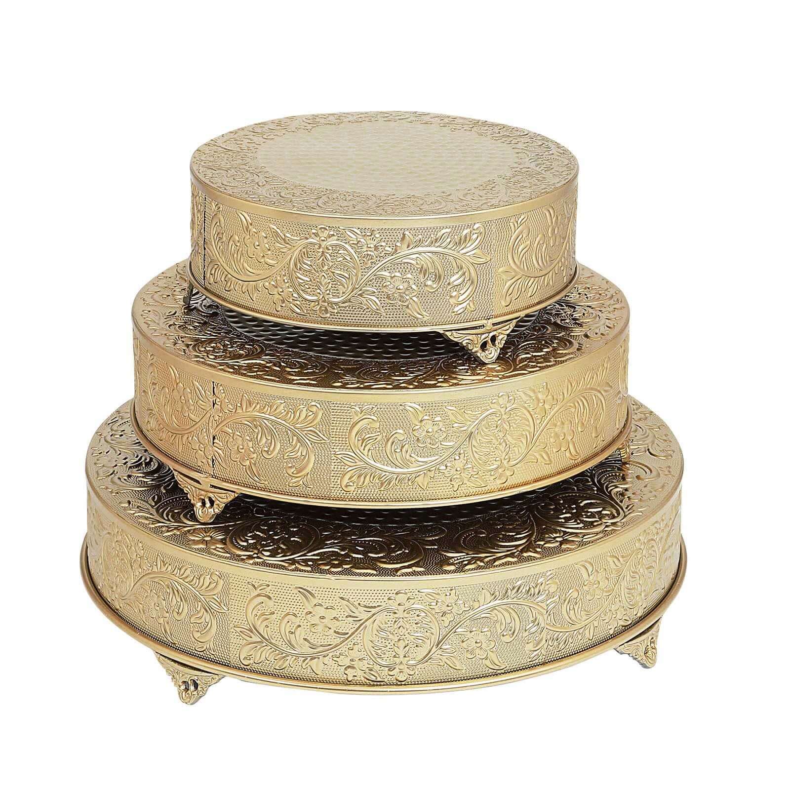 Metal 14" Round Cake Pedestal Stand Matte Gold - Cupcake Dessert Display Riser with Intricate Embossed Design for Upscale Events & Gatherings