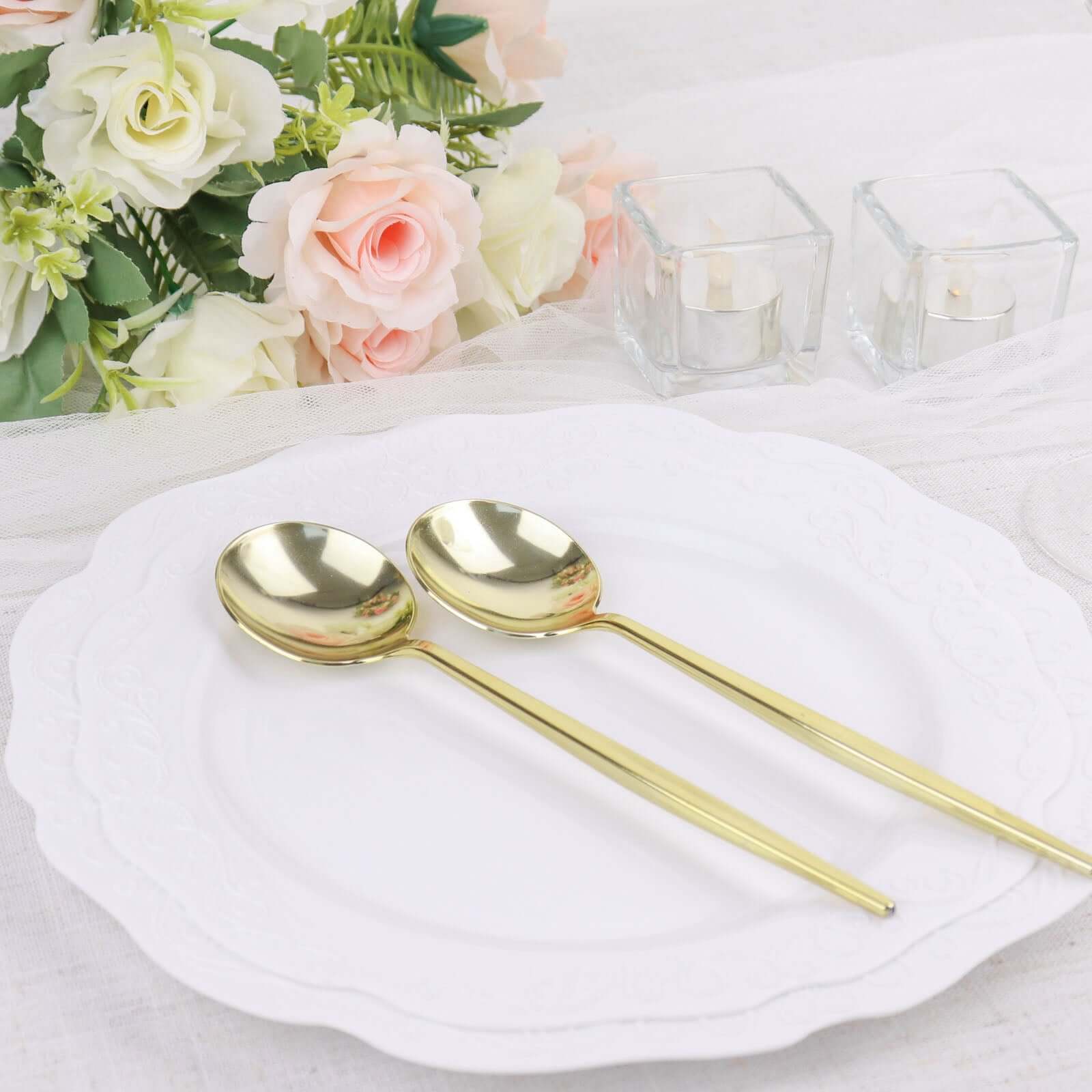 24-Pack Plastic Spoons Glossy Gold - Premium Heavy Duty Disposable Silverware 8"