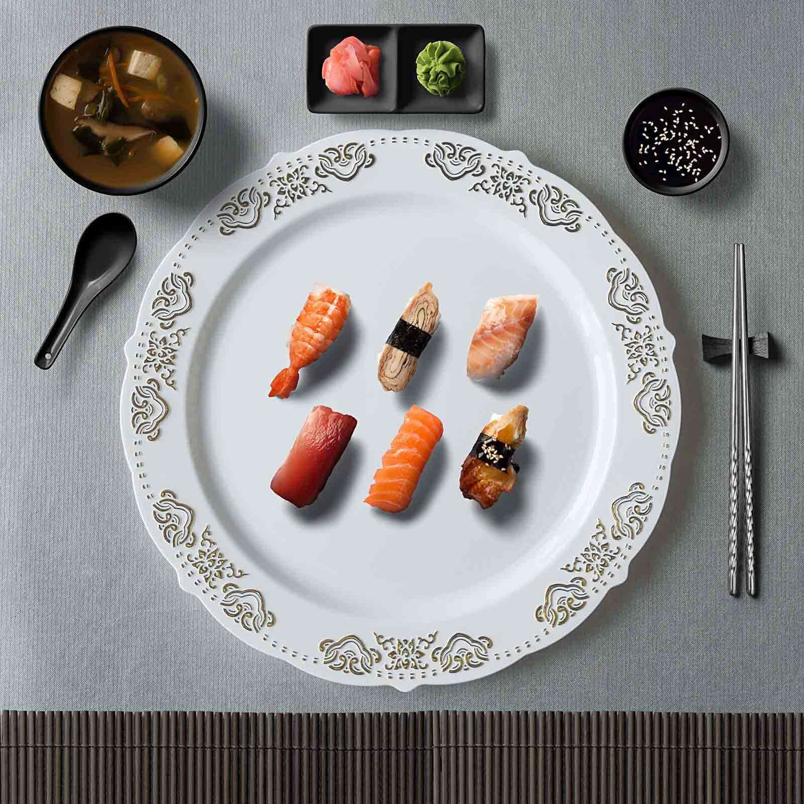 10-Pack Plastic 7.5" Round Appetizer Plates in White with Gold Embossed Scalloped Edge - Chic Disposable Salad Plates for Special Occasions & Banquets