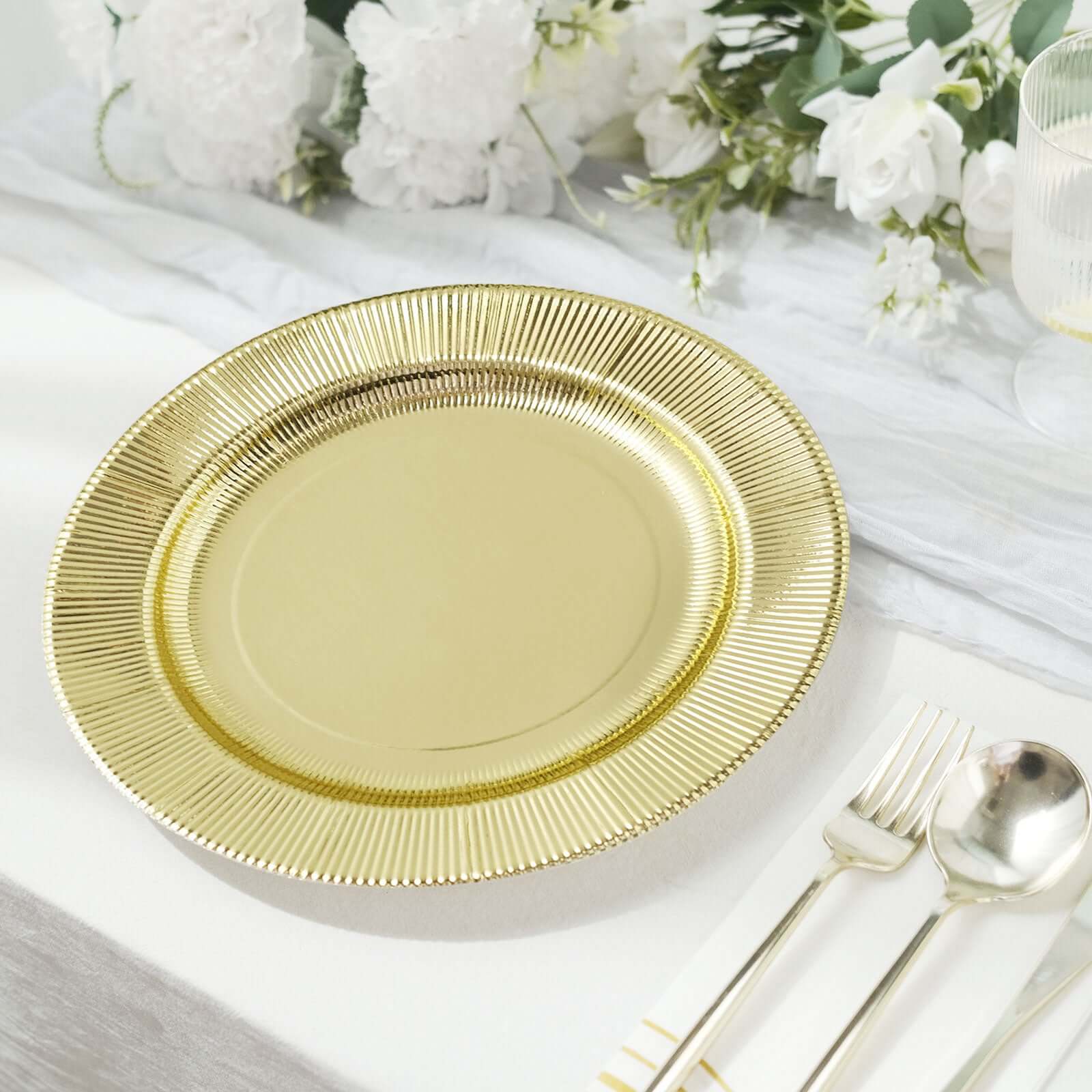 25-Pack Paper 8" Round Dessert Plates in Metallic Gold Sunray Design - Disposable Heavy Duty 350GSM Appetizer Salad Plates
