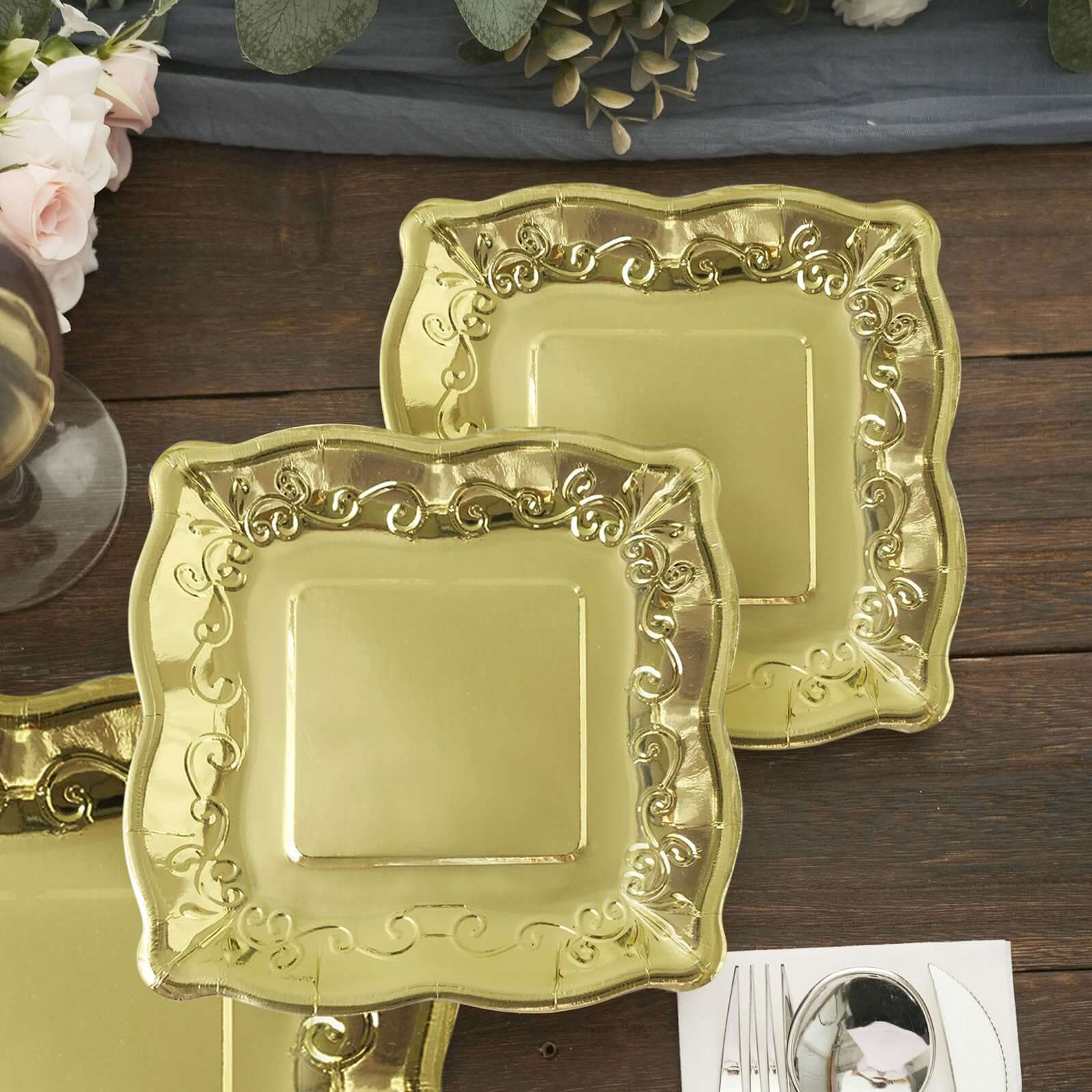 25-Pack Paper 7" Square Dessert Plates in Gold with Vintage Pottery Embossed Design - Shiny Metallic Disposable Appetizer Plates for Luxe Gatherings & Celebrations