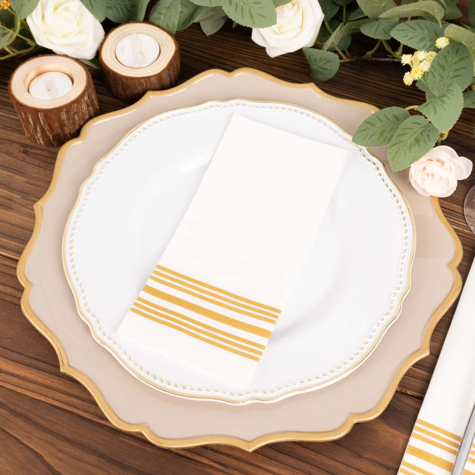 20-Pack Paper Guest Towels White Linen-Like with Gold Lines - Disposable Airlaid Napkins for Formal and Casual Use 8"x4"