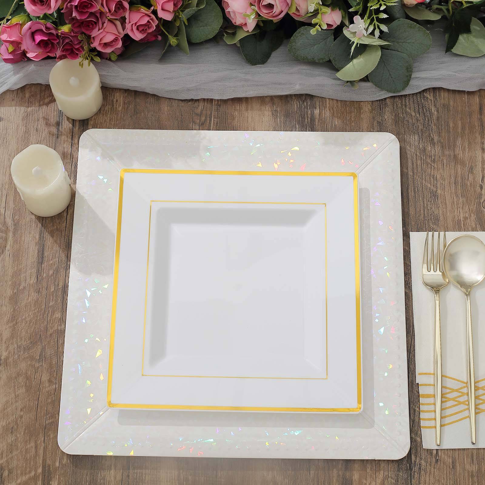 10-Pack Plastic Dinner Plates White Square with Gold Trim - Lightweight Disposable Plates for Events 10"