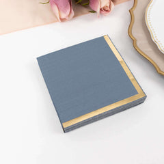 50-Pack Paper Beverage Napkins Dusty Blue with Gold Foil Edge - 2 Ply Disposable Soft 18GSM Cocktail Napkins 5"x5"