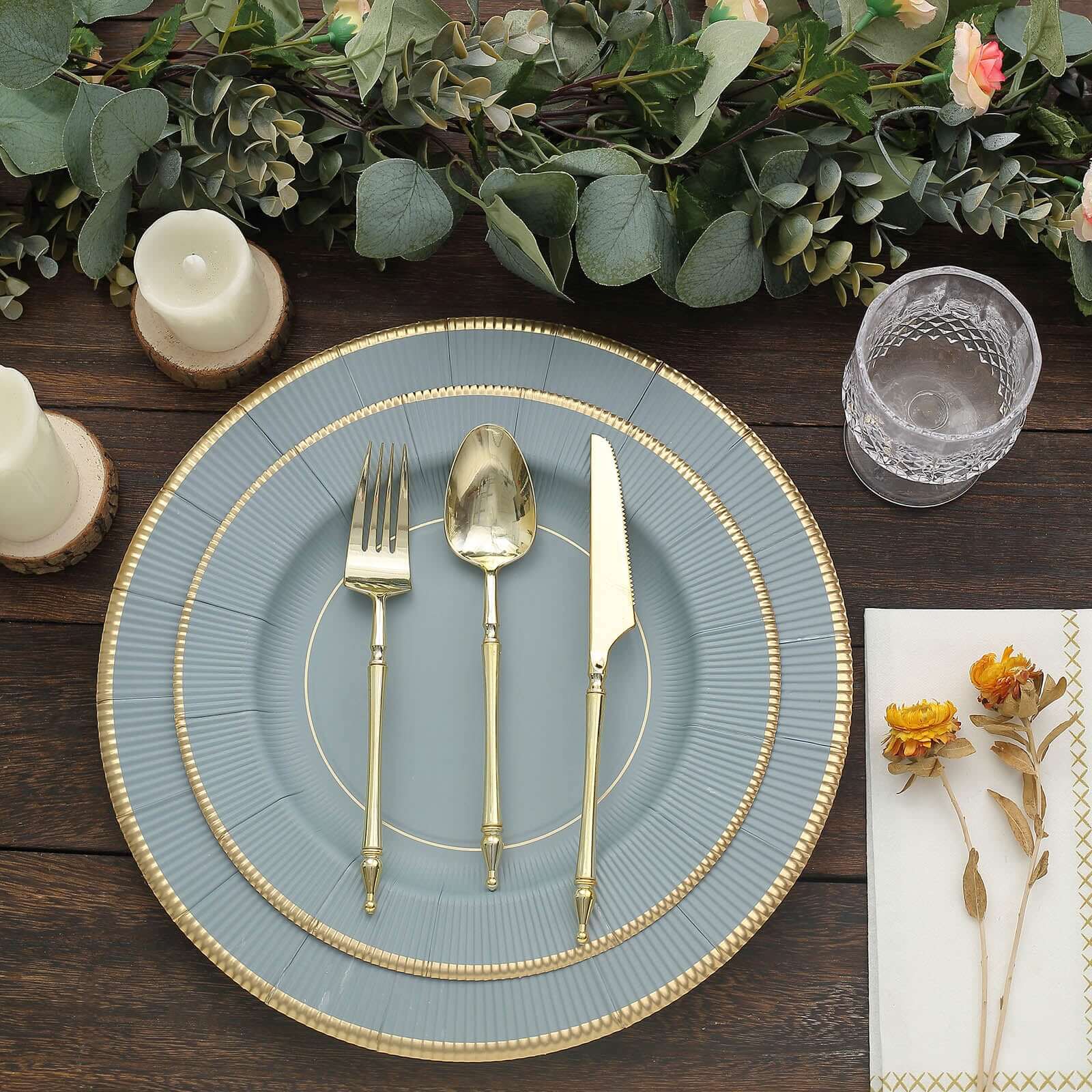 25-Pack Disposable Round Charger Plates in Dusty Blue Sunray Design with Gold Rim - 350GSM Heavy Duty Paper Chargers 13"