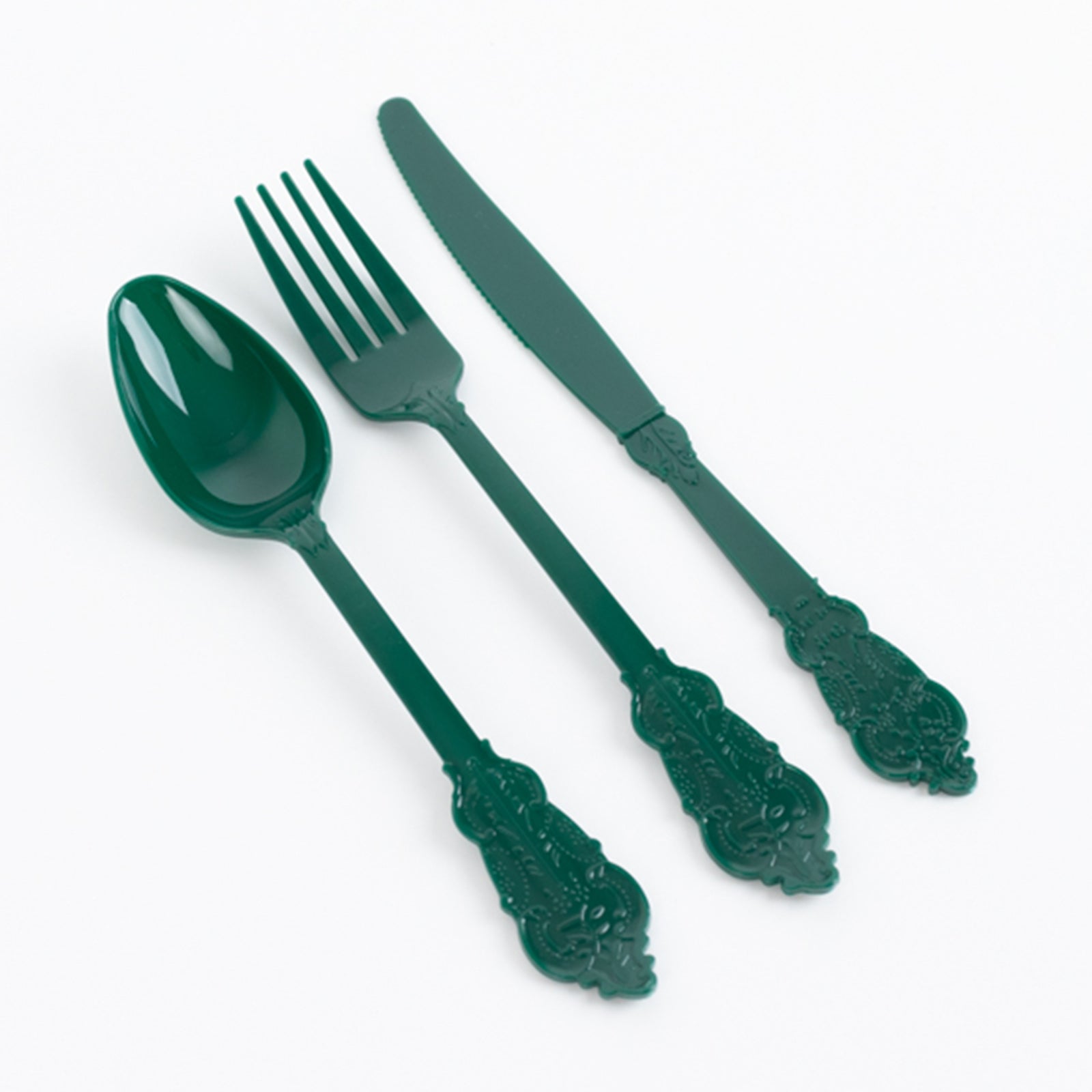 72 Pcs Plastic Silverware Set in Baroque Style Hunter Emerald Green - Heavy Duty Disposable Knife, Fork, and Spoon Set