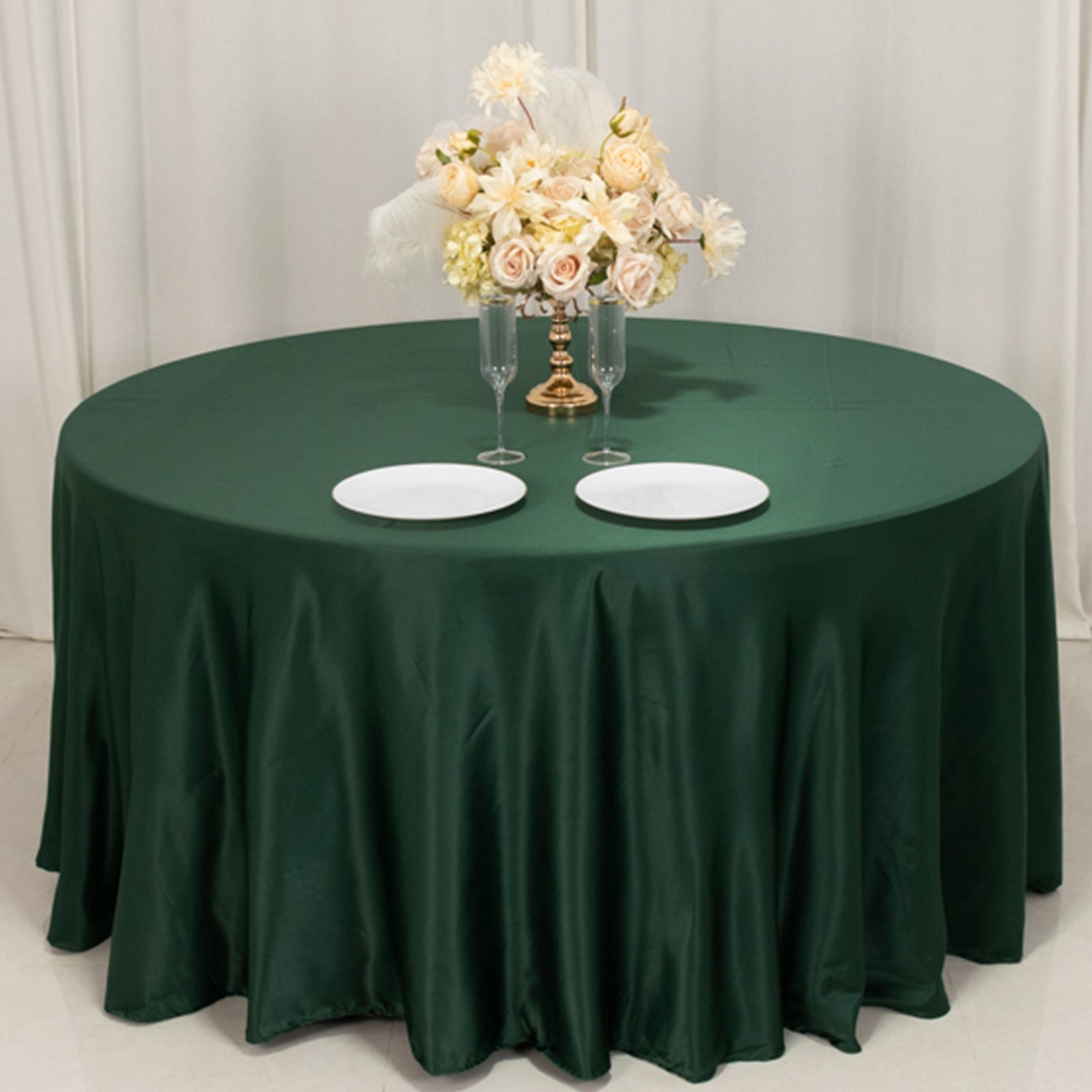 Lamour Satin 120" Round Tablecloth Hunter Emerald - Seamless Table Cover with Soft Tempered Sheen