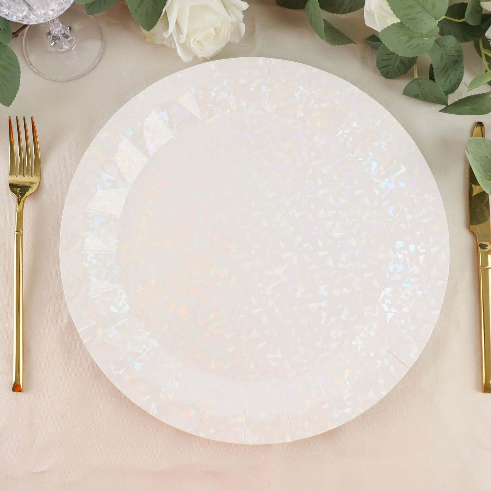 25-Pack Paper 12" Round Charger Plates in Iridescent with Geometric Prism Design - Disposable 400GSM Serving Trays