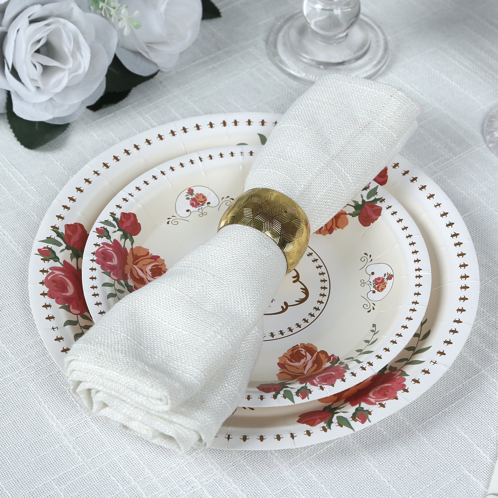 25-Pack Paper 7" Round Dessert Plates in Ivory with Vintage Rose Flower Print - Disposable Appetizer Salad Plates for Bridal Showers & Garden Luncheons