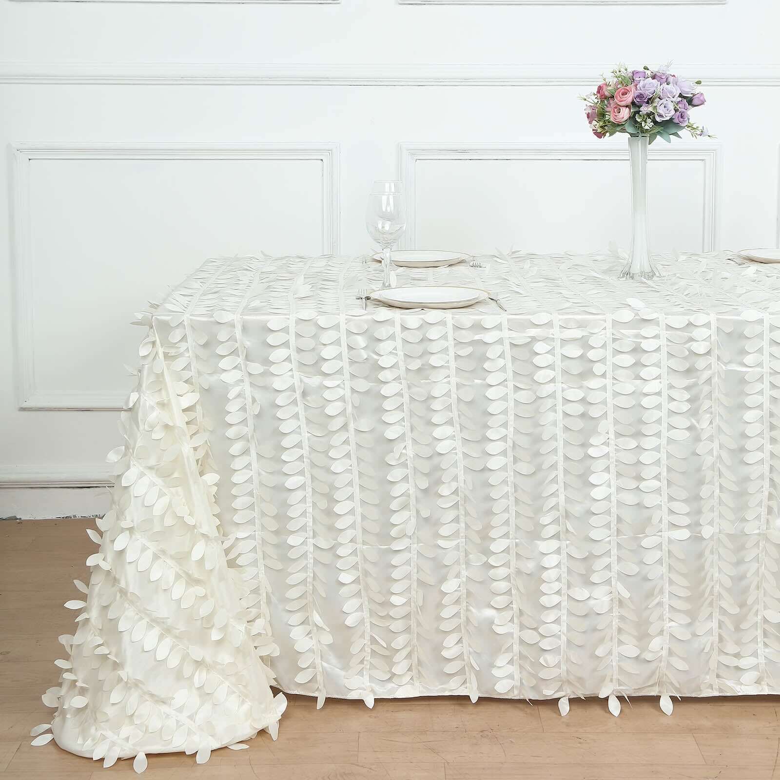 Taffeta 90"x132" Rectangle Tablecloth Ivory | 3D Leaf Petal Design Seamless Table Cover