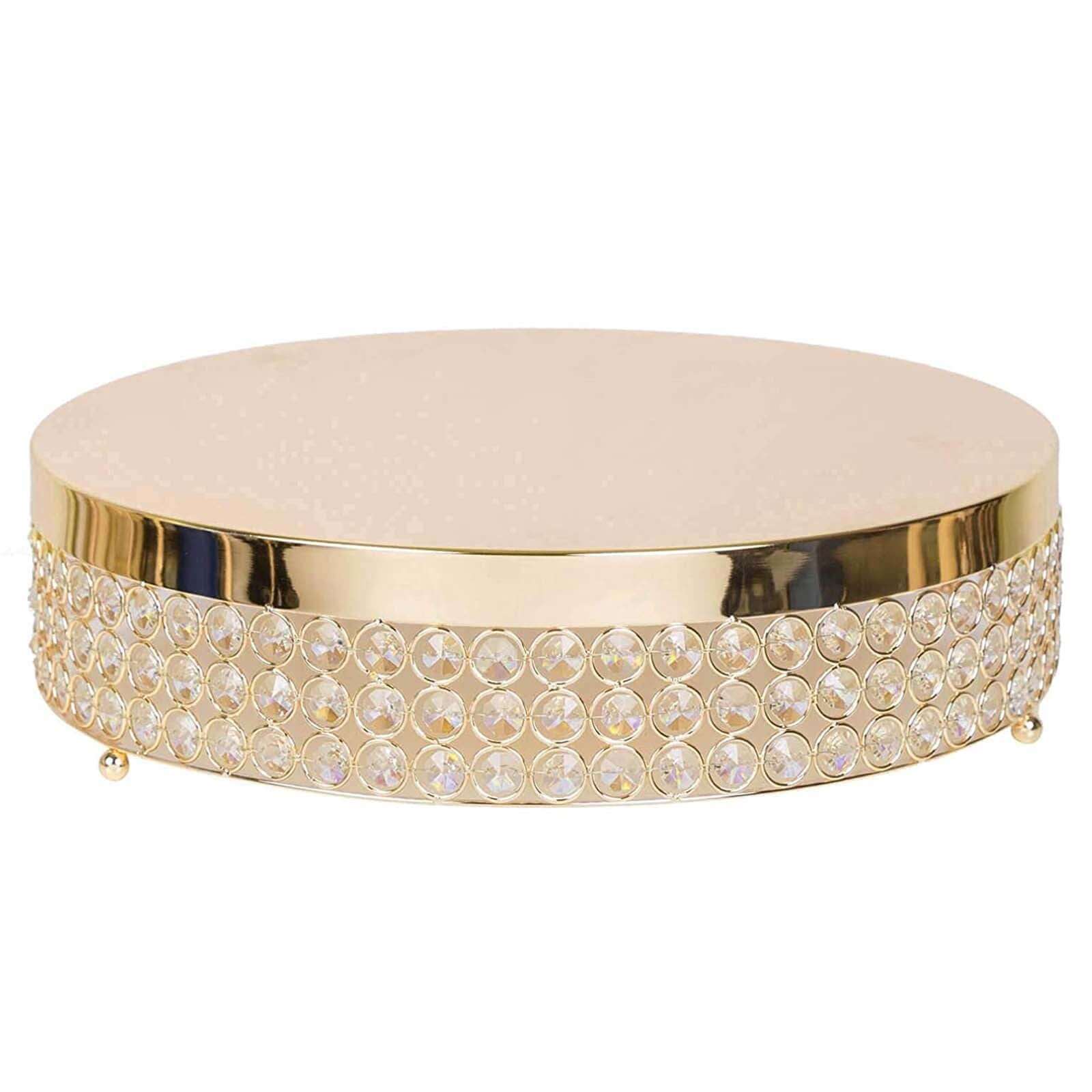 Metal Cake Stand Pedestal Crystal Beaded Design Gold - Cupcake Display and Dessert Riser 13"
