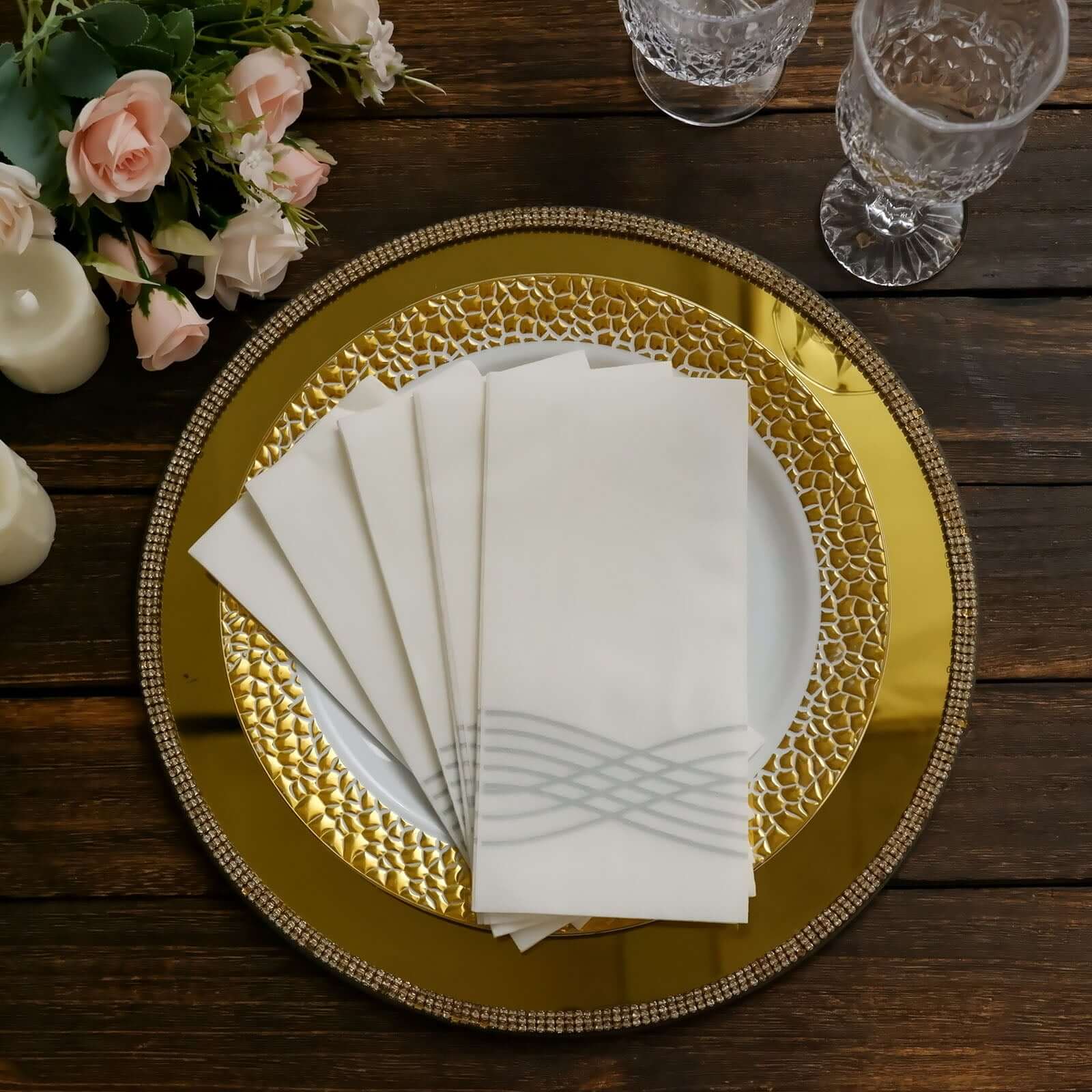 25 Pack Linen-Like Paper 8"x4" Napkins White with Metallic Silver Foil Wave Design - Soft & Absotbent Airlaid Hand Towels