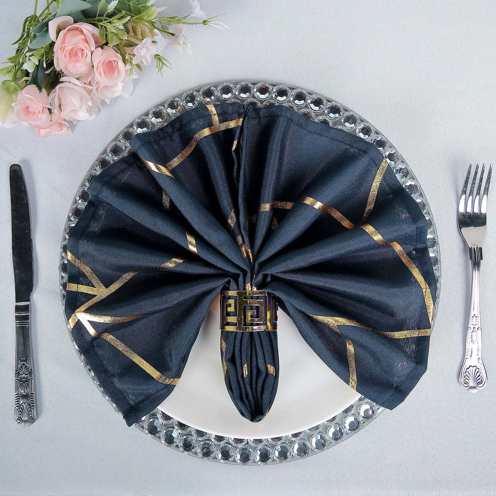 5 Pack Polyester 20"x20" Napkins Navy Blue with Gold Geometric Foil Pattern - Modern Reusable Dinner Napkins