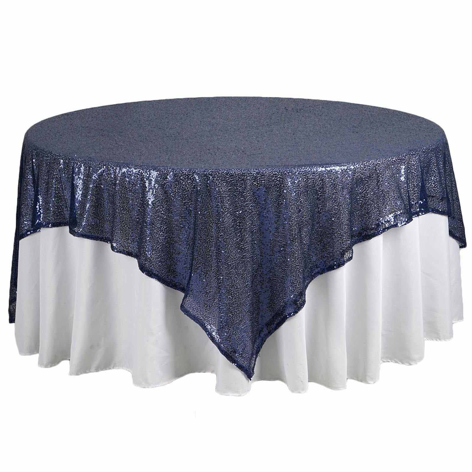 Sequin 90"x90" Table Overlay Square Tablecloth Navy Blue - Sparkly Table Cover
