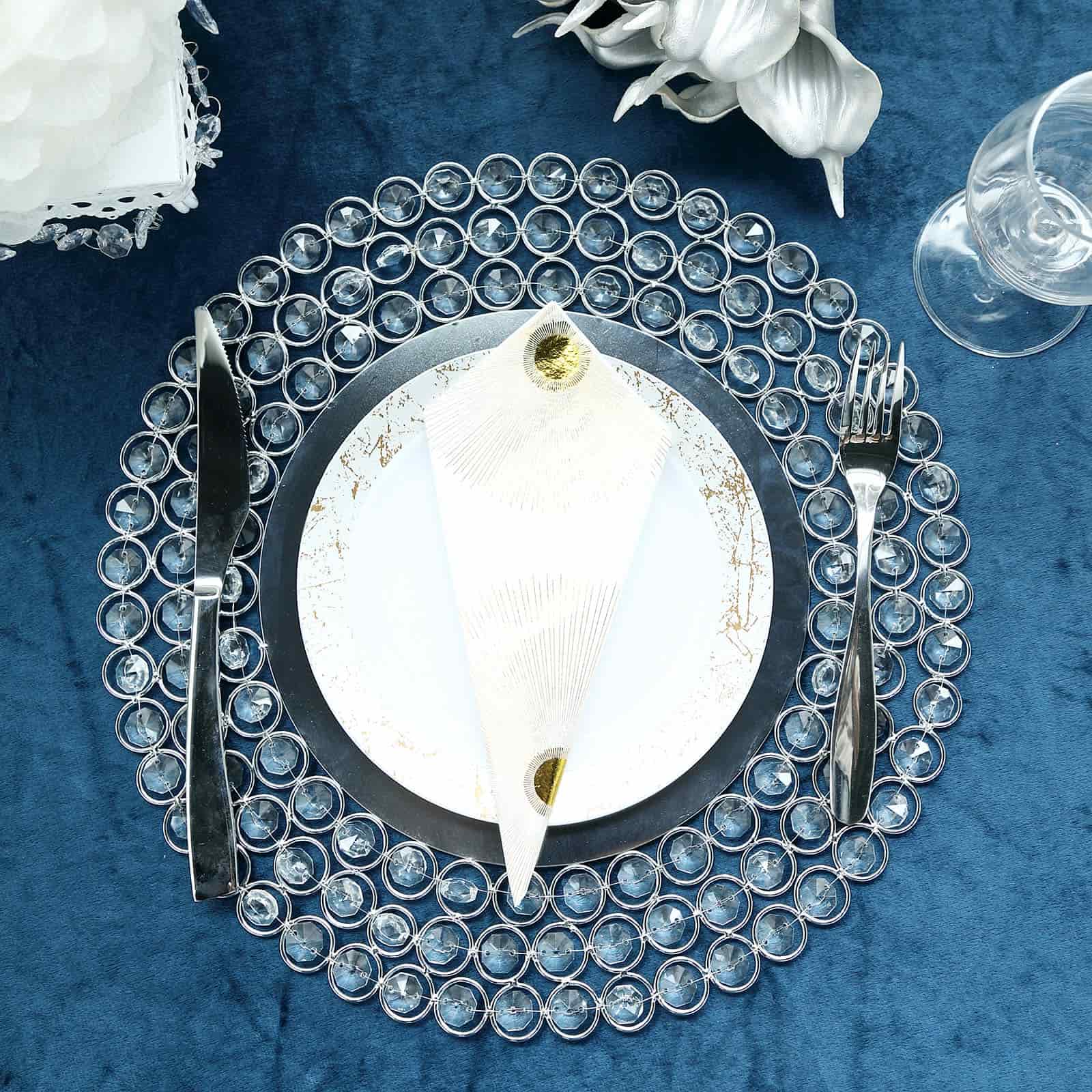 Wired Metal Round Charger Plate 14" in SIlver with Acrylic Crystal Beads, Glamorous Decorative Dinner Charger Tableware