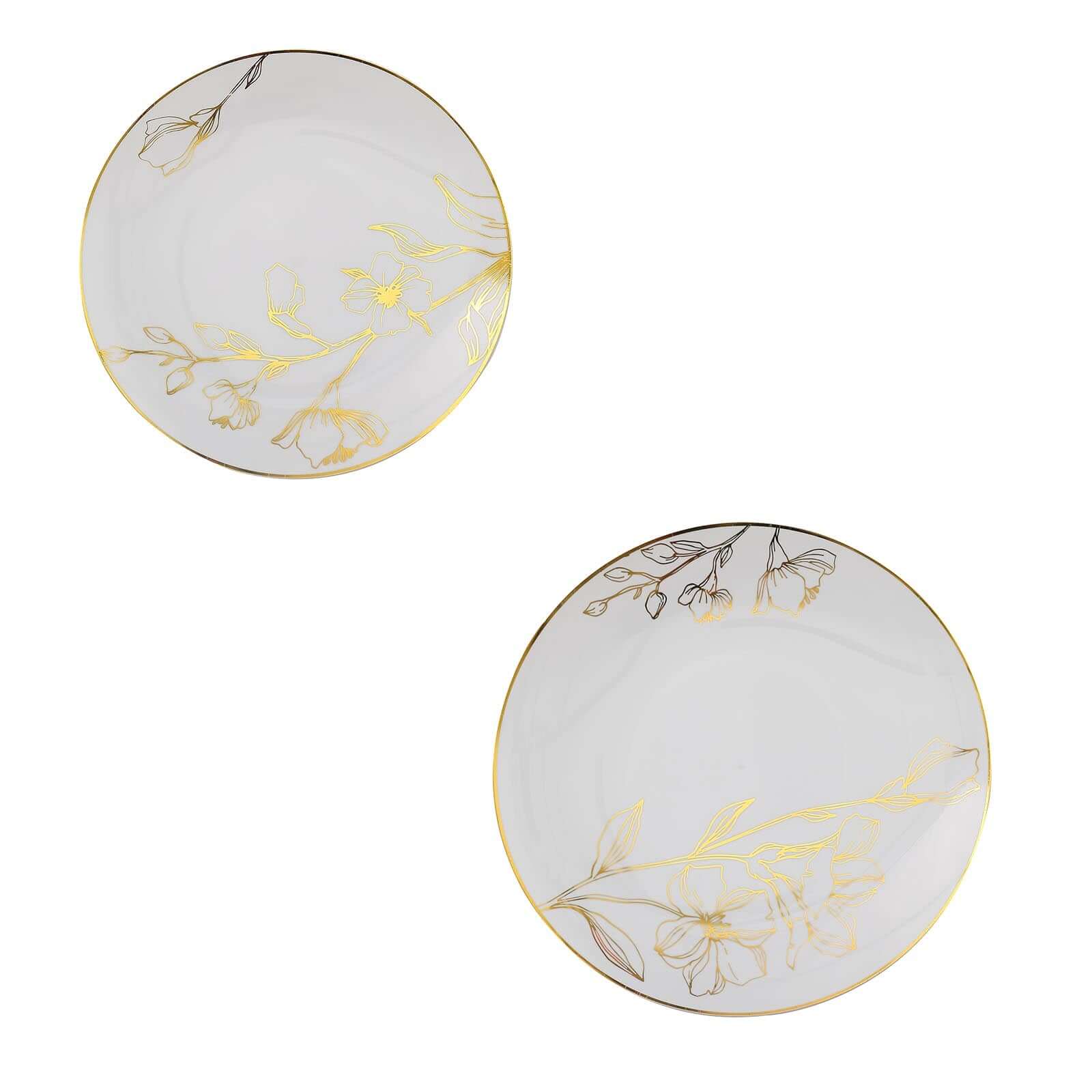 Set of 20 Plastic Round Dinner and Dessert Plates in White with Metallic Gold Floral Design - Stylish Disposable Dinnerware for Banquets & Special Occasions 8", 10"