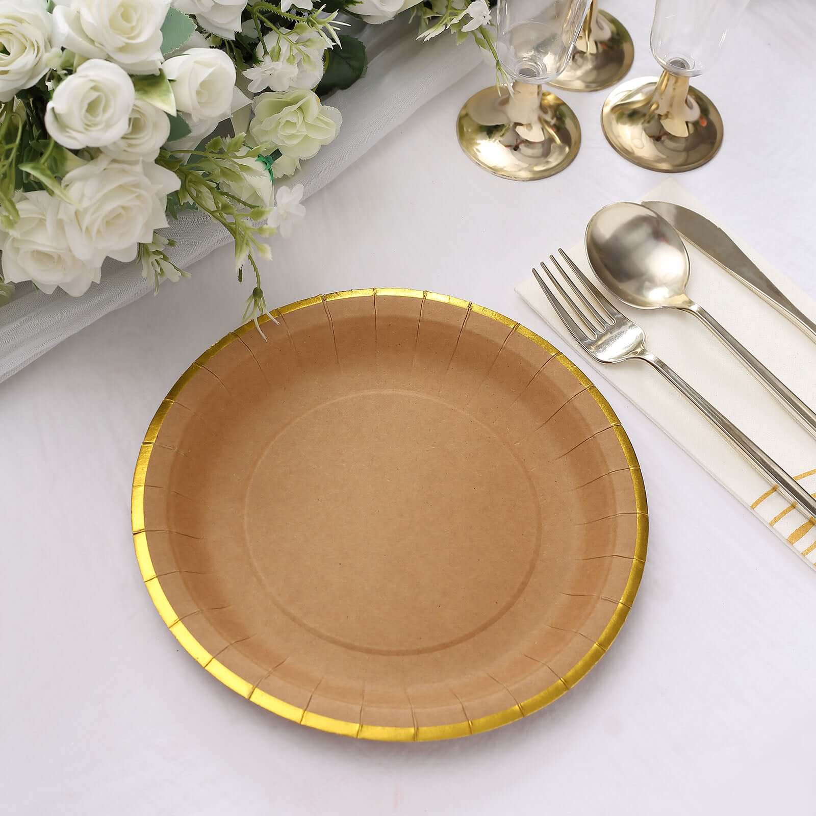 25-Pack Kraft Paper 8" Round Dessert Plates in Natural Brown with Gold Lined Rim - Disposable Salad Appetizer Plates for Rustic & Vintage Inspired Events