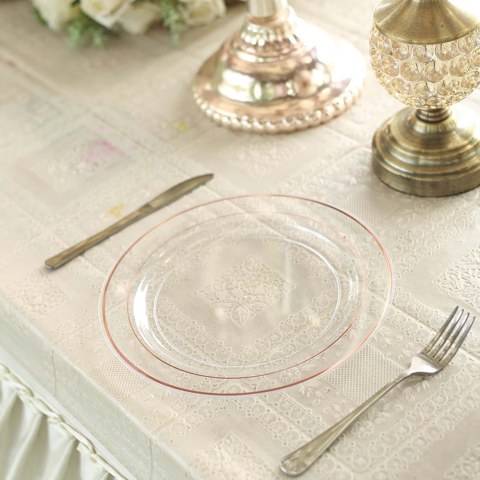 10-Pack Plastic Dinner Plates Clear with Très Chic Rose Gold Rim - Perfect Disposable Party Plates 10"