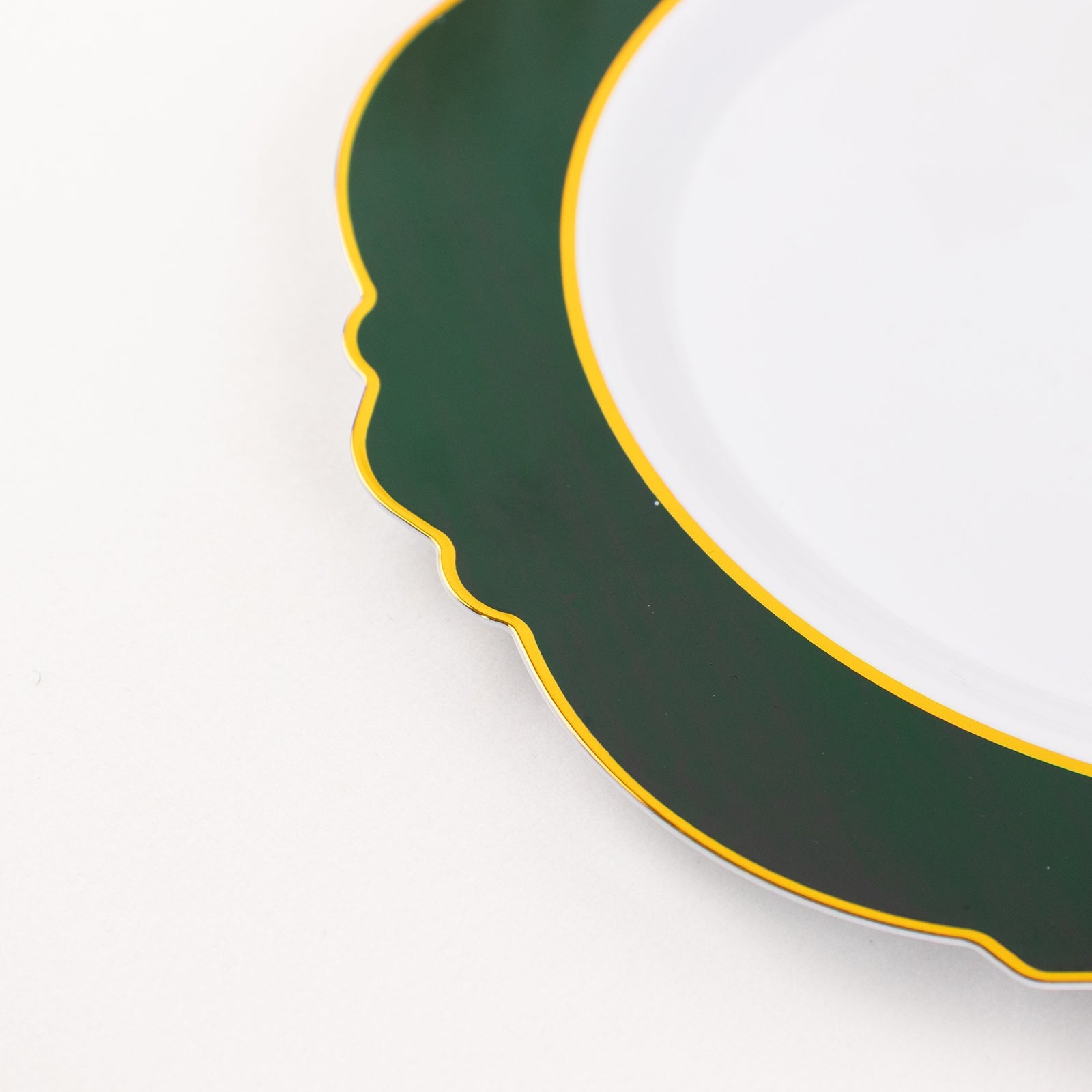 10-Pack Plastic 8" Round Dessert Plates in White with Hunter Emerald Green Blossom Design & Gold Edging - Disposable Salad Appetizer Plates