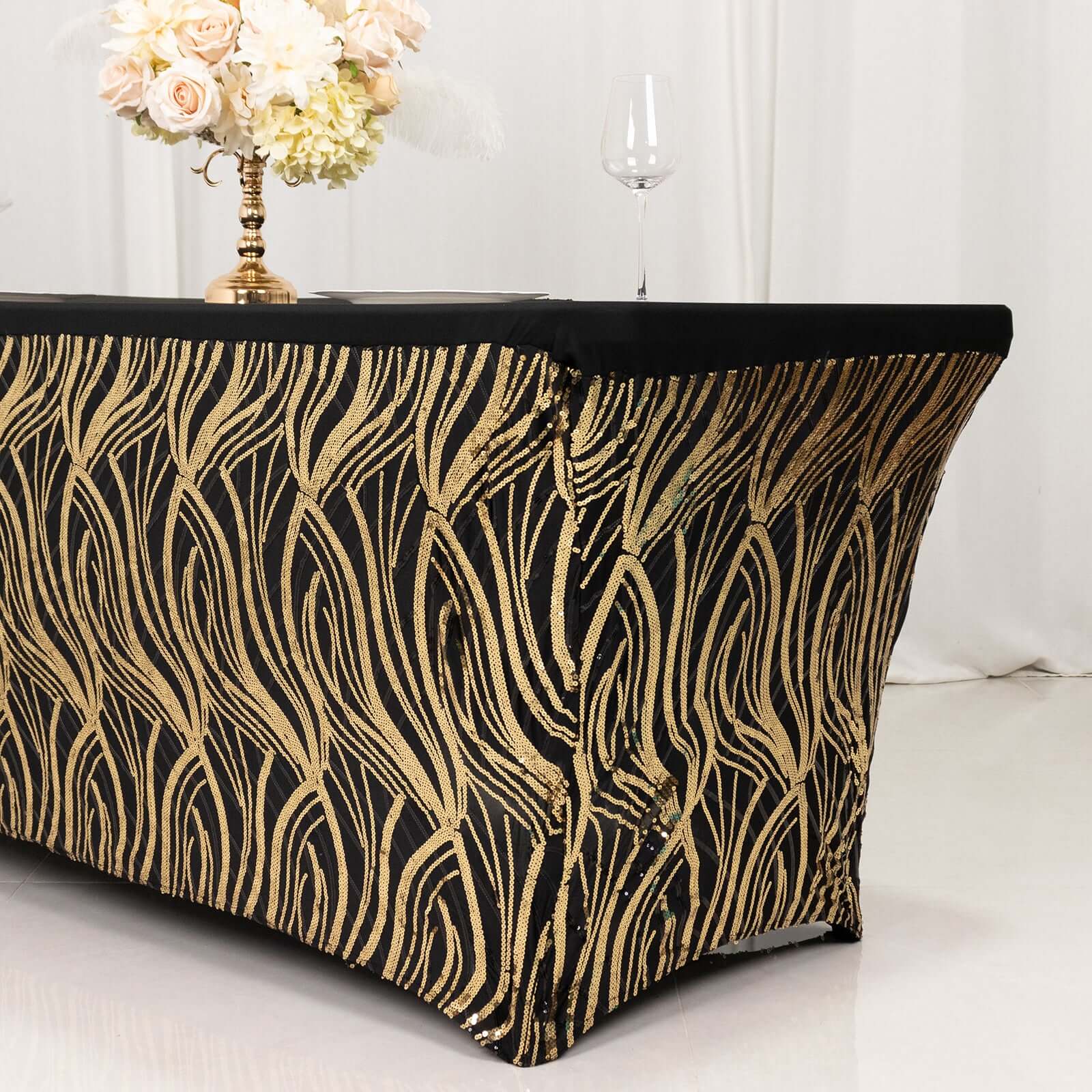 Sequin Stretch Spandex 72"x30" Rectangle Tablecloth Black/Gold Wave Embroidered Design Four-Way Stretch Shimmering Table Cover for Luxe Event Decor