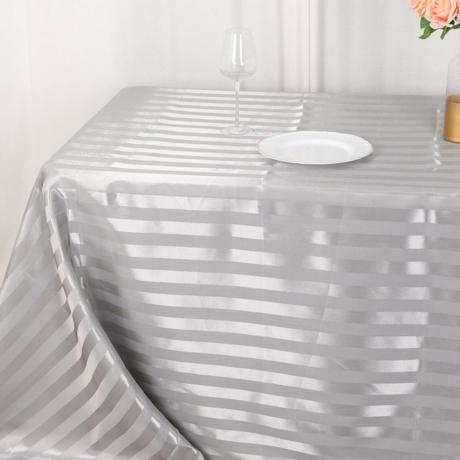 Satin Striped 90"x132" Rectangular Tablecloth Silver Satin Stripe - Seamless Silky Smooth Table Cover