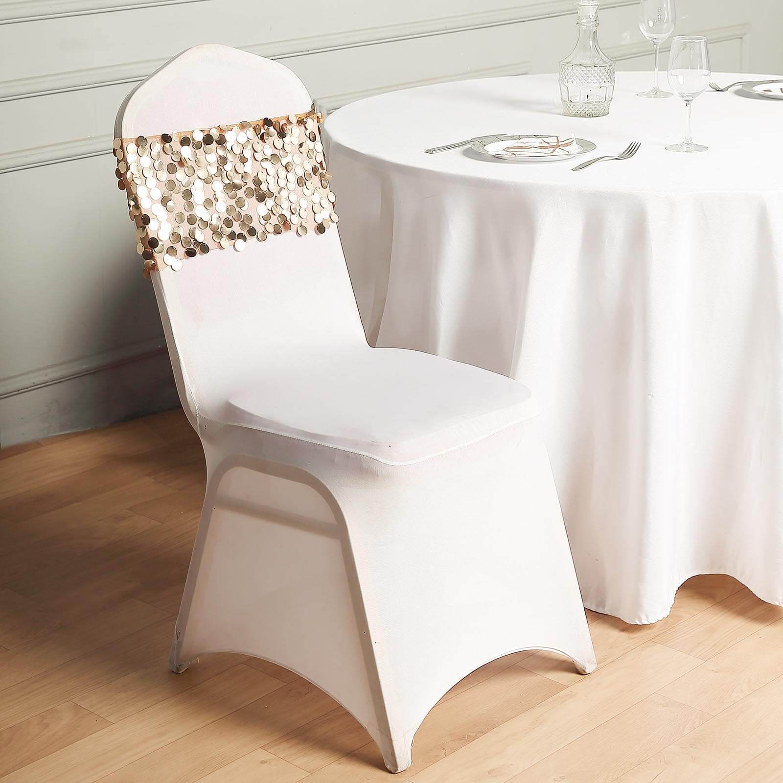 5 Pack Big Payette Sequin 13"x10" Chair Sash Bands Gold - Stylish Glittering Decor for Weddings & Gatherings