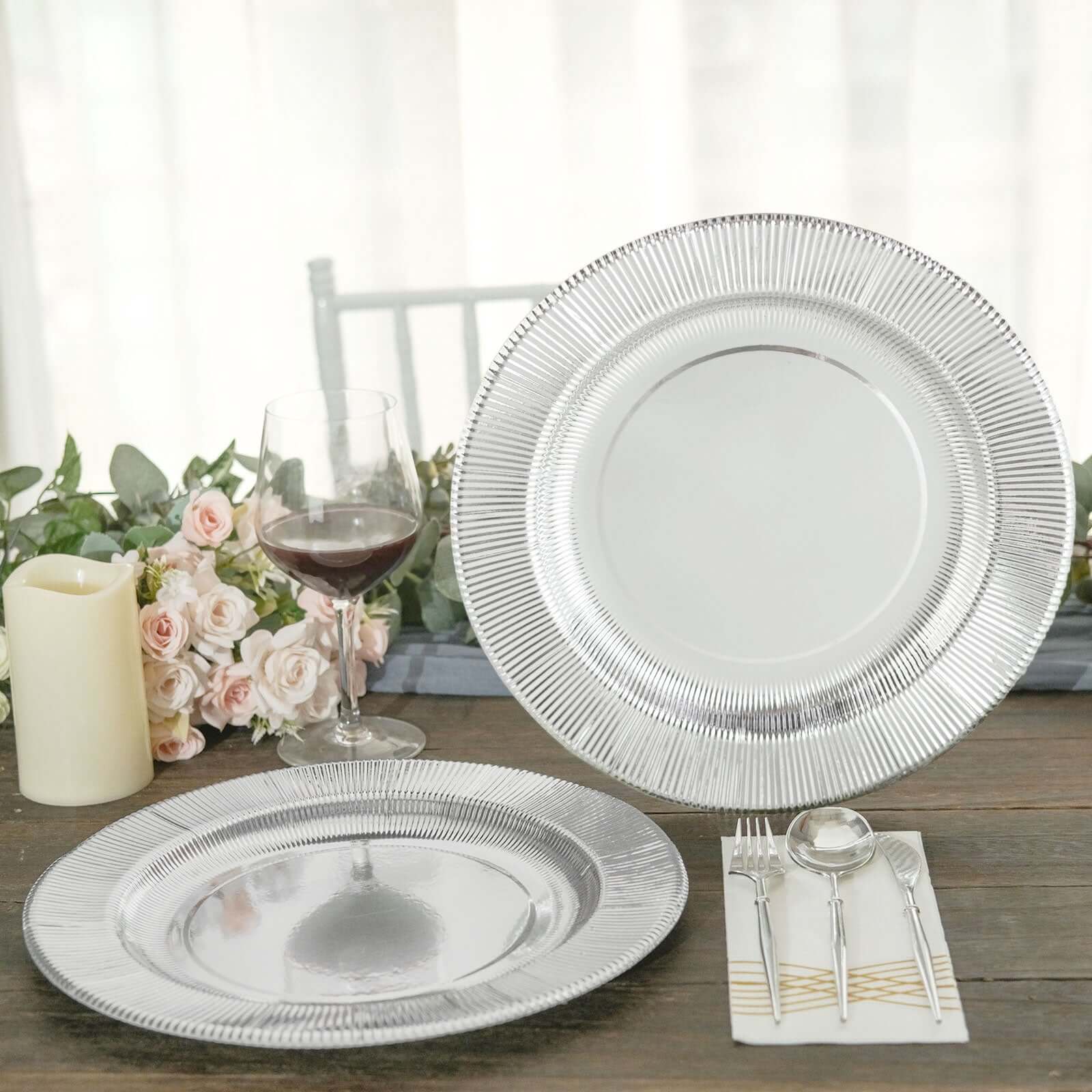 25-Pack Paper 10" Round Dinner Plates in Metallic Silver Sunray Design - Disposable Heavy Duty 350GSM Party Plates