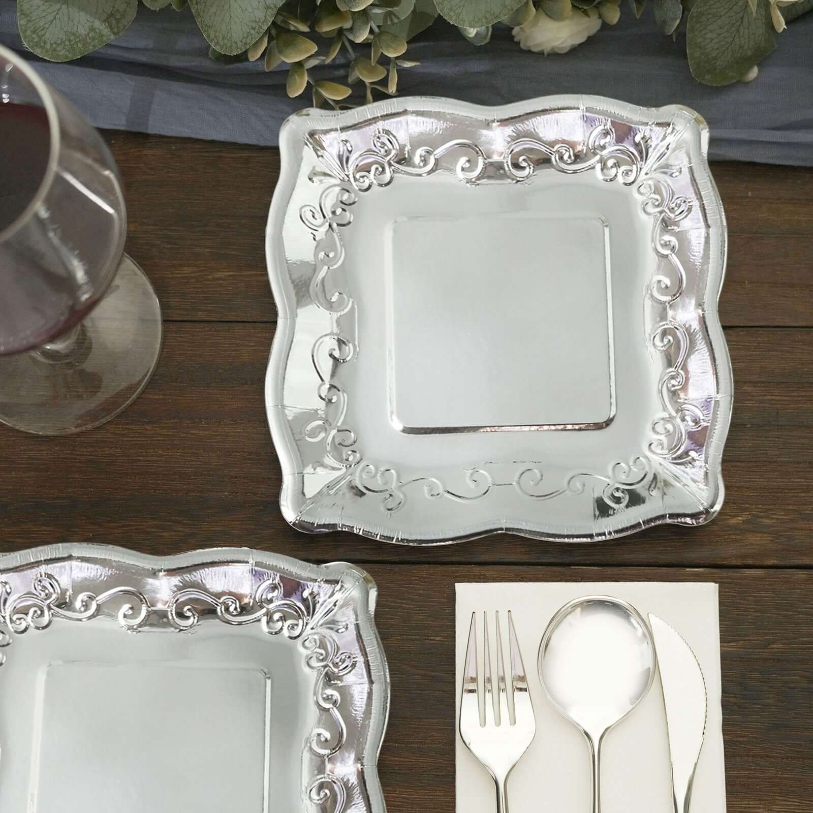 25-Pack Paper 7" Square Dessert Plates in Silver with Vintage Pottery Embossed Design - Shiny Metallic Disposable Appetizer Plates