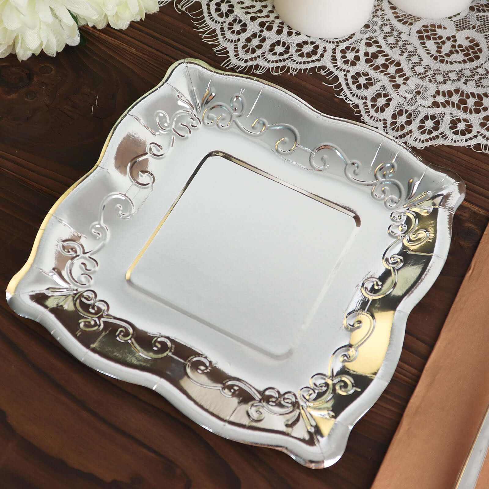 25-Pack Paper 7" Square Dessert Plates in Silver with Vintage Pottery Embossed Design - Shiny Metallic Disposable Appetizer Plates