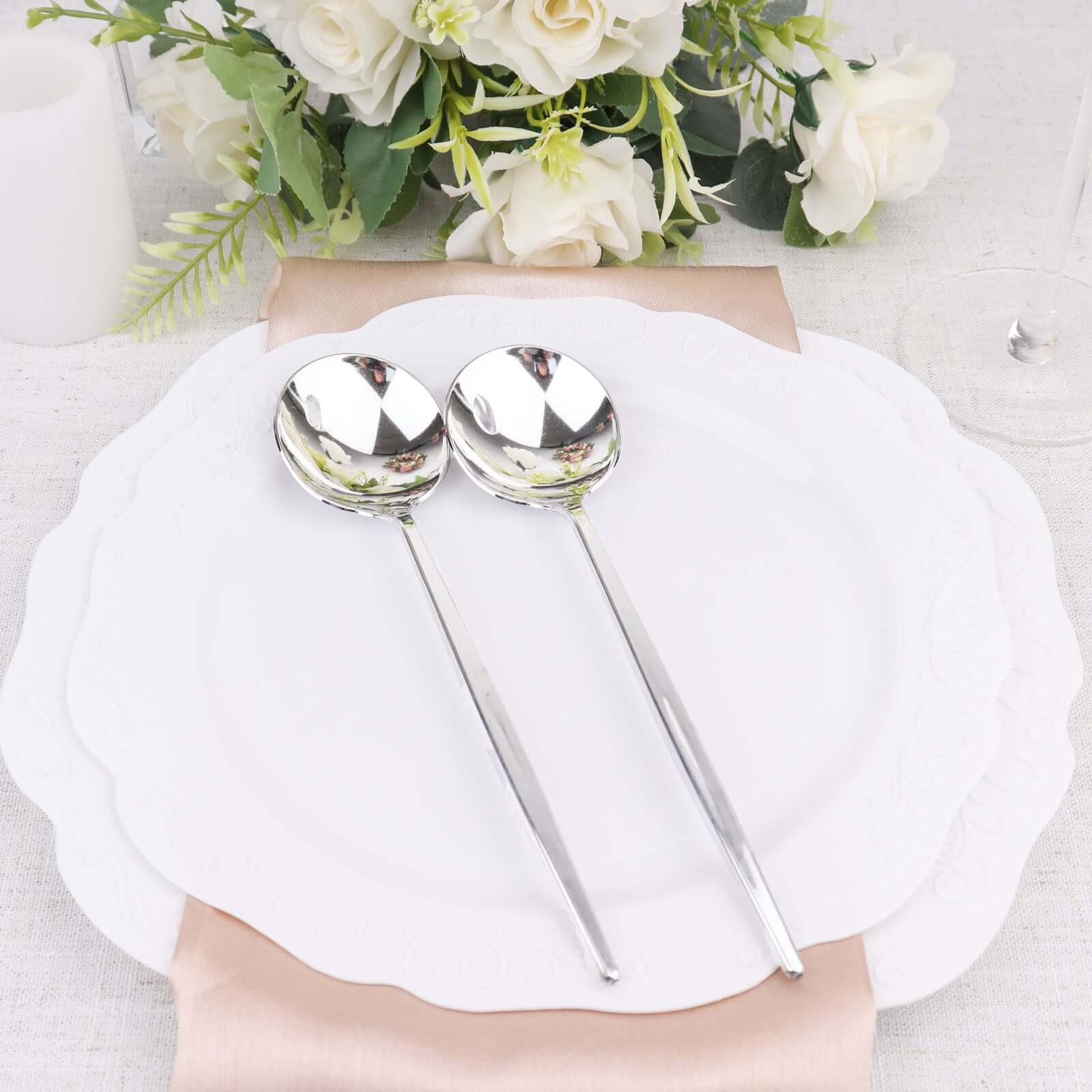 24-Pack Plastic Spoons Glossy Silver - Premium Heavy Duty Disposable Silverware 8"