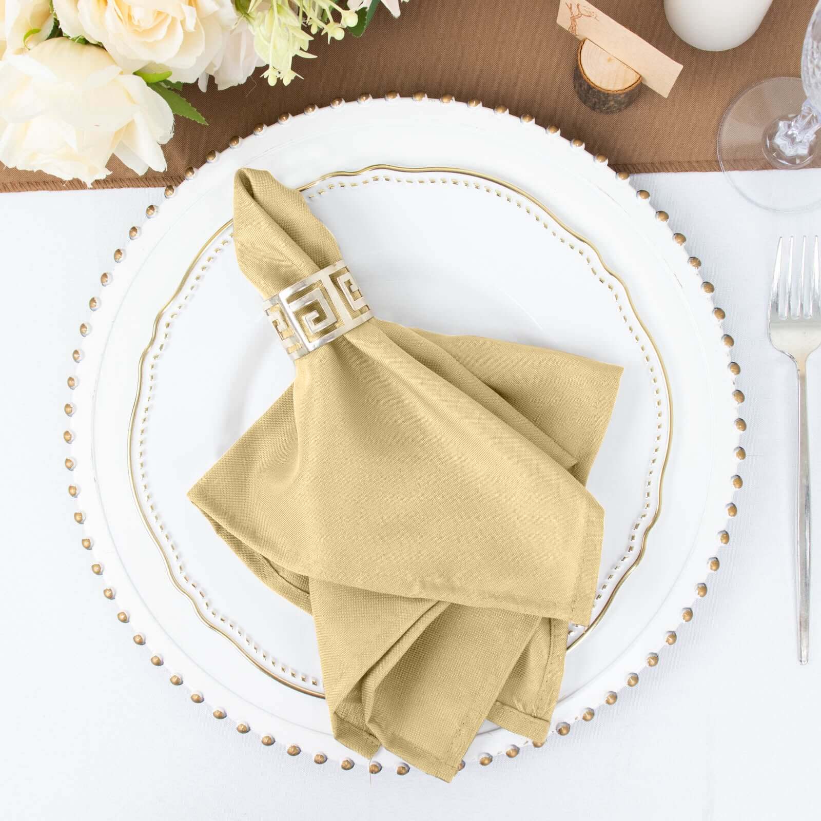 5 Pack Polyester 17"x17" Napkins Champagne - Durable & Wrinkle Resistant Dinner Napkins