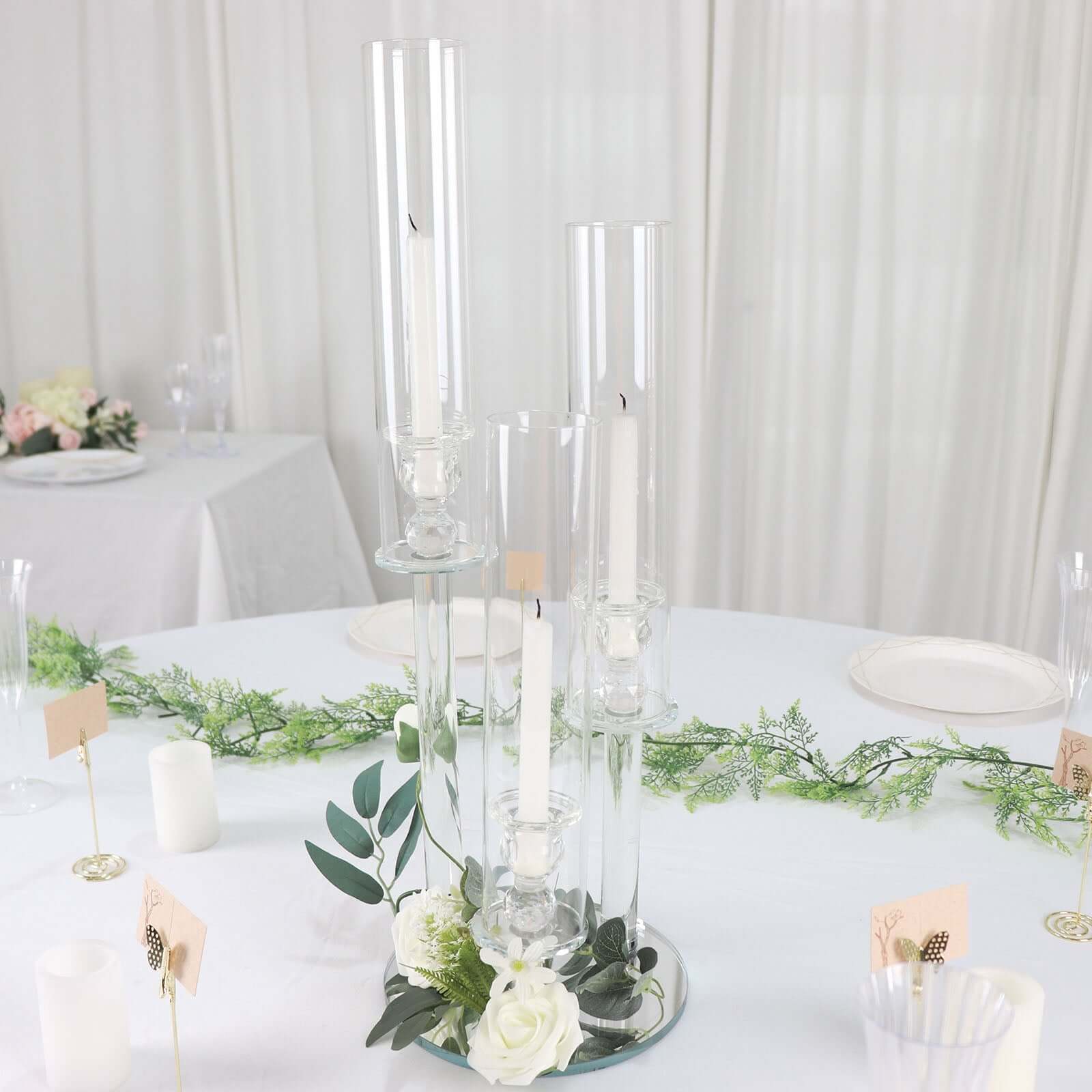 3-Arm Round Crystal Glass Candelabra Clear Taper Design - Sophisticated Pillar Candle Holder Table Centerpiece for Weddings 23"