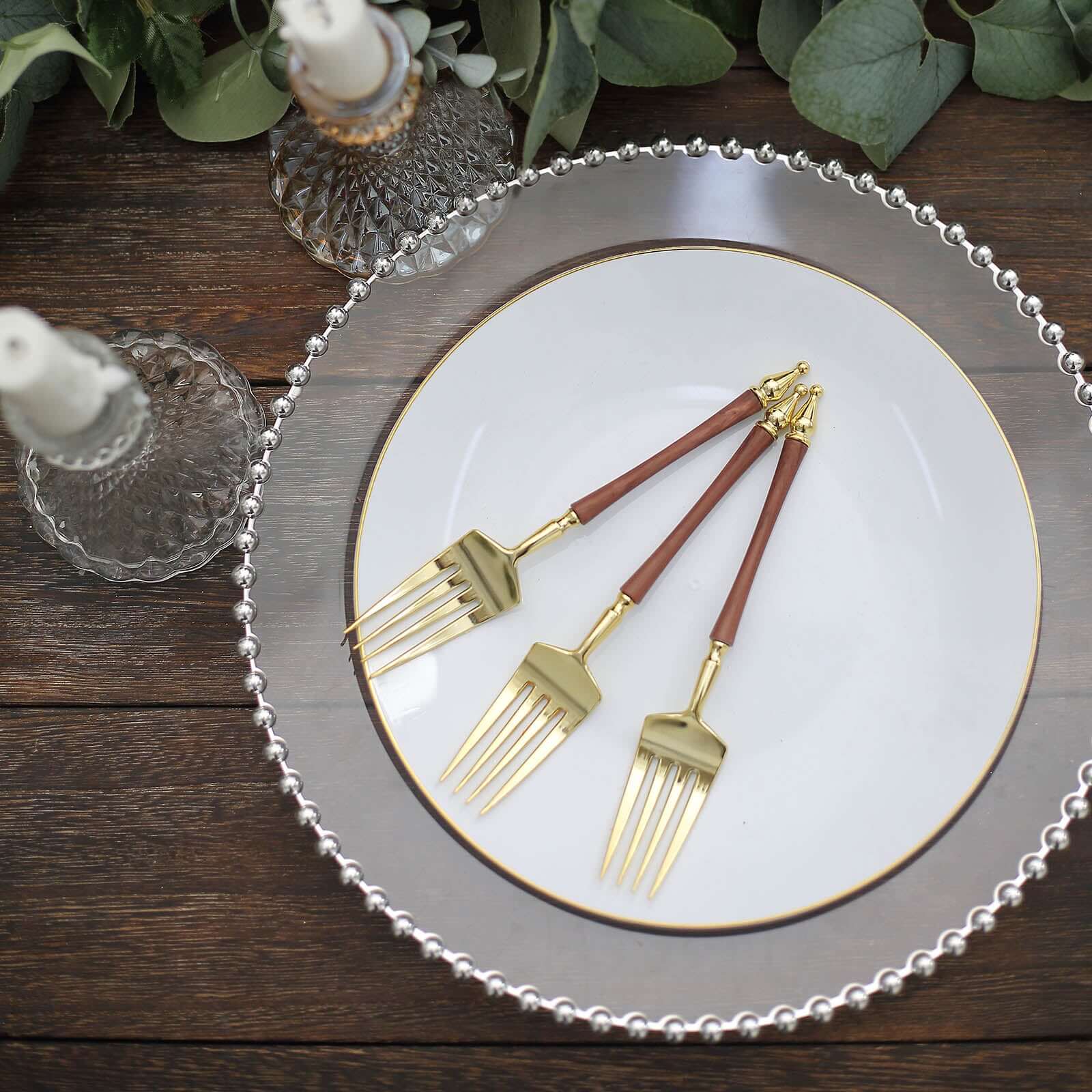 24-Pack Plastic Dessert Forks with Roman Column Handle Gold/Brown - European Style Disposable Utensils 6"