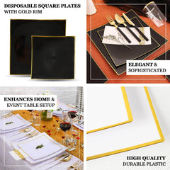 10-Pack Plastic 8" Square Dessert Plates in Taupe Concave Style with Gold Rim - Modern Disposable Salad Appetizer Party Plates