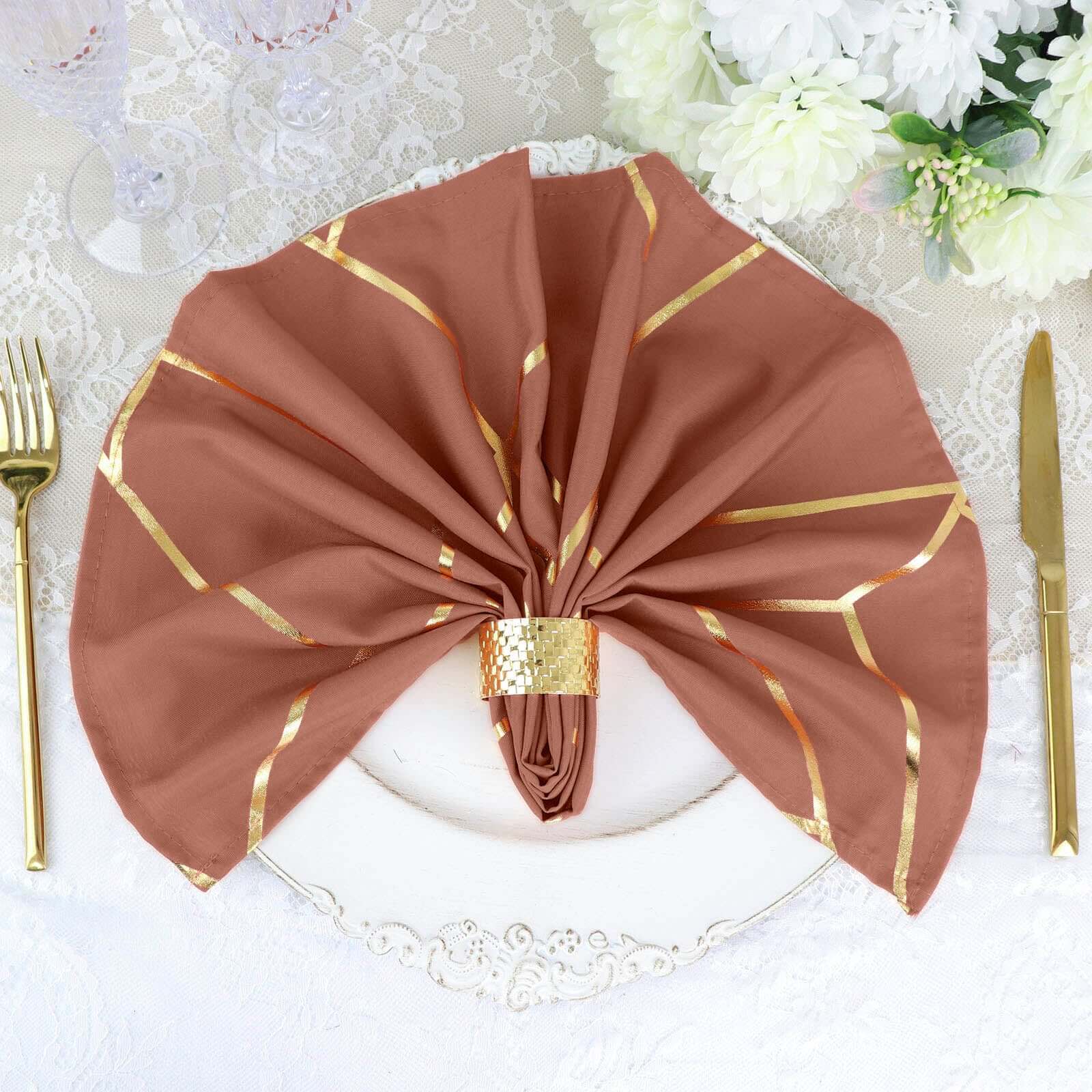 5 Pack Polyester 20"x20" Napkins Terracotta (Rust) with Gold Geometric Foil Pattern - Modern Reusable Dinner Napkins
