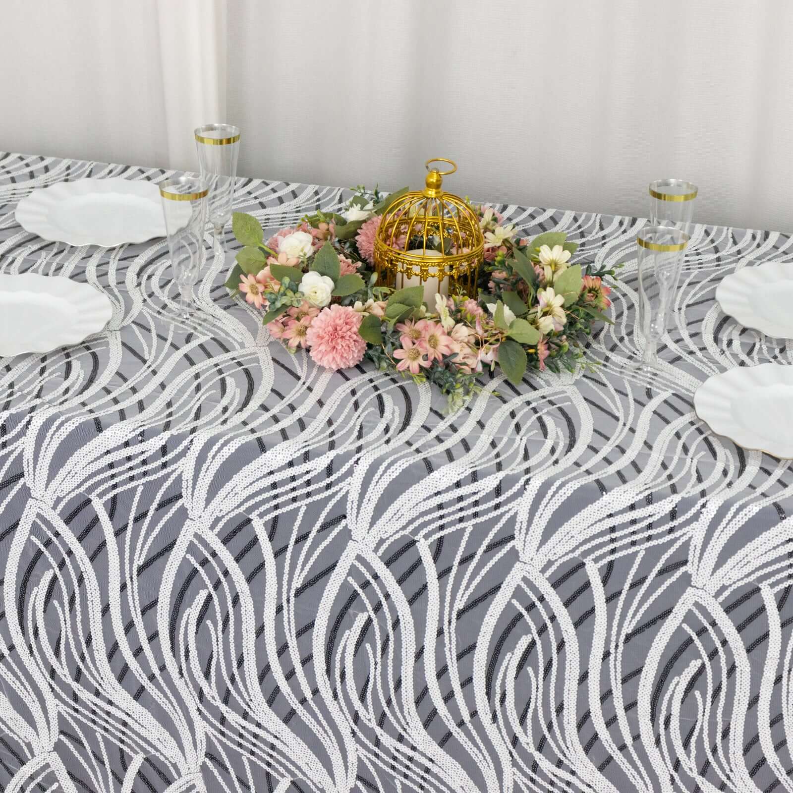 Mesh 90"x156" Rectangle Tablecloth White Black - Wave Sequin Embroidered Table Cover