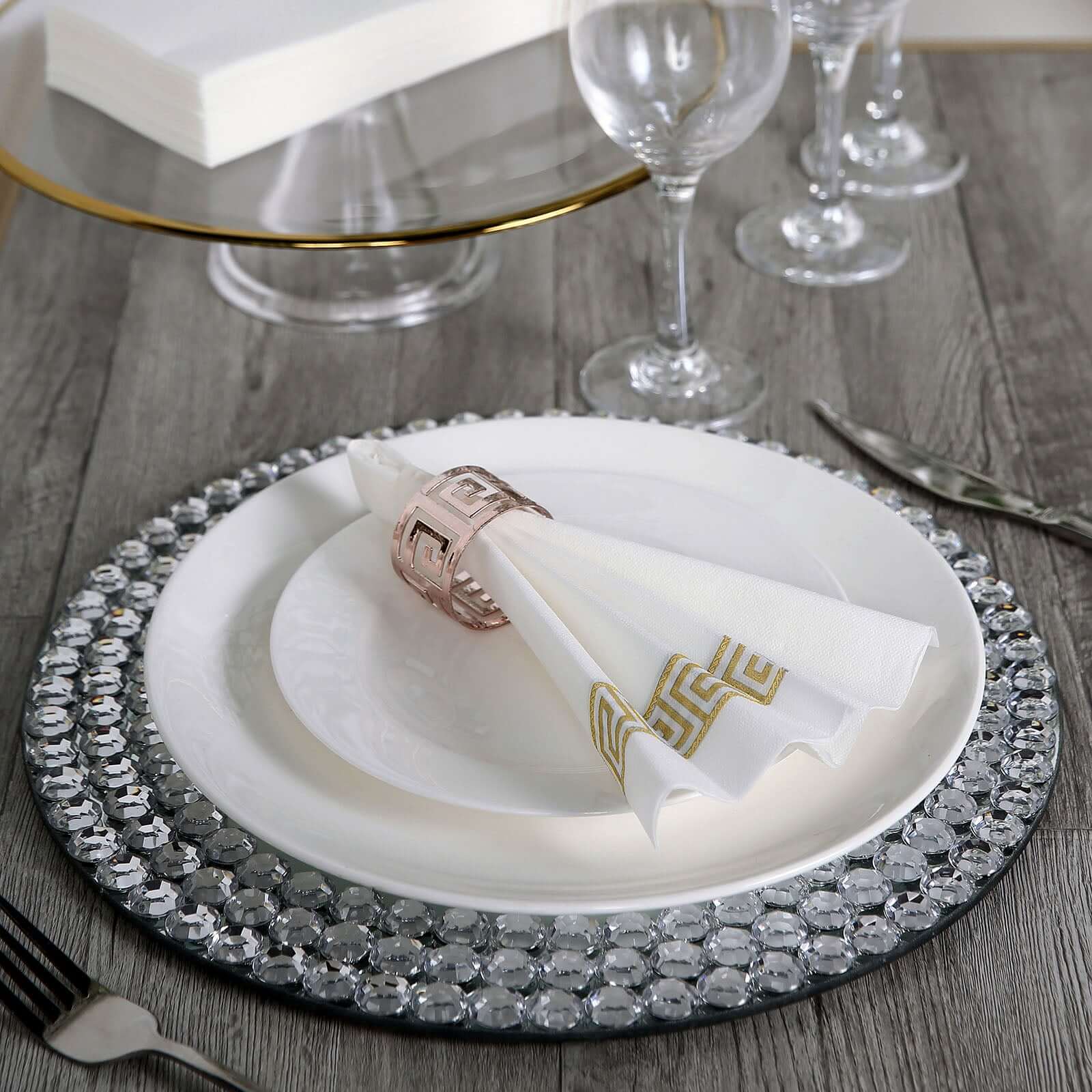 25 Pack Linen-Like Paper 8"x4" Napkins White with Gold Greek Key Design - Soft & Absorbent Airlaid Hand Towels for Exquisite Weddings & Events