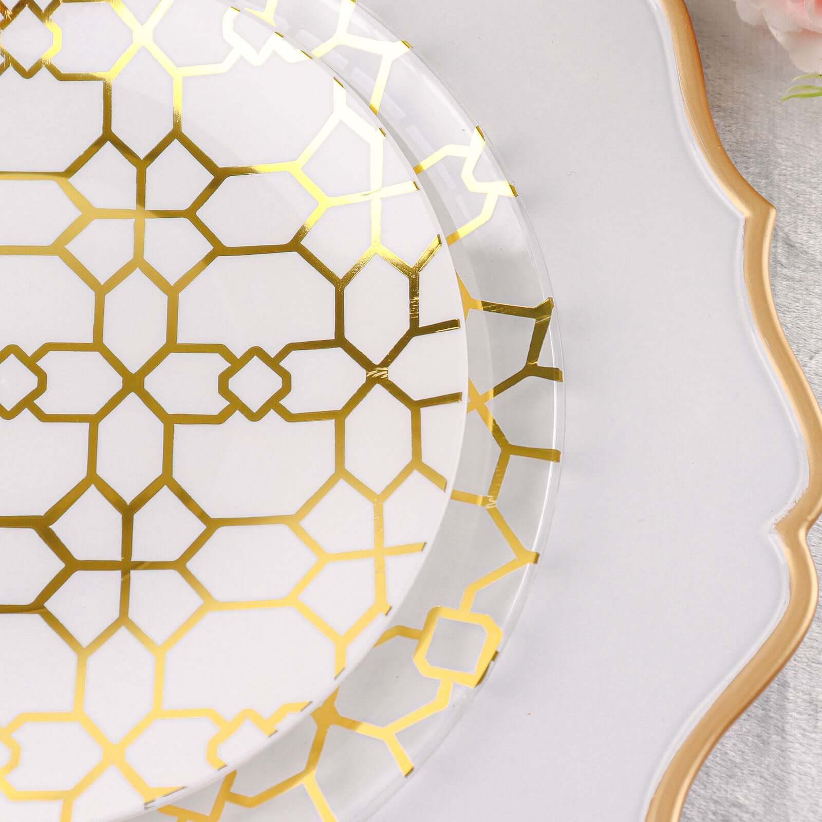 20-Pack Set Plastic Round Dinner and Salad Plates in White & Clear with Geometric Gold Print - Modern Disposable Dinnerware Set for Weddings & Celebrations 9", 7"