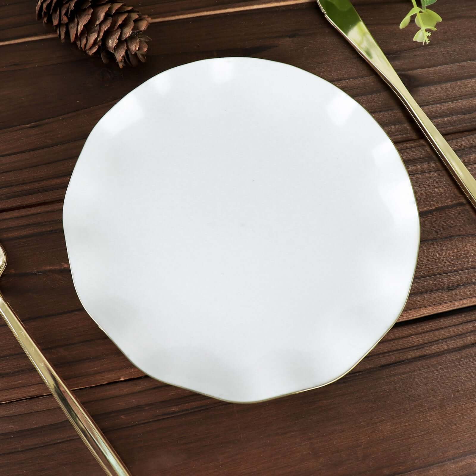 10-Pack Plastic Round 6" Dessert Plates in White Ruffled Rim with Gold Edging - Sturdy Disposable Salad Appetizer Dinnerware for Classy Events & Banquets