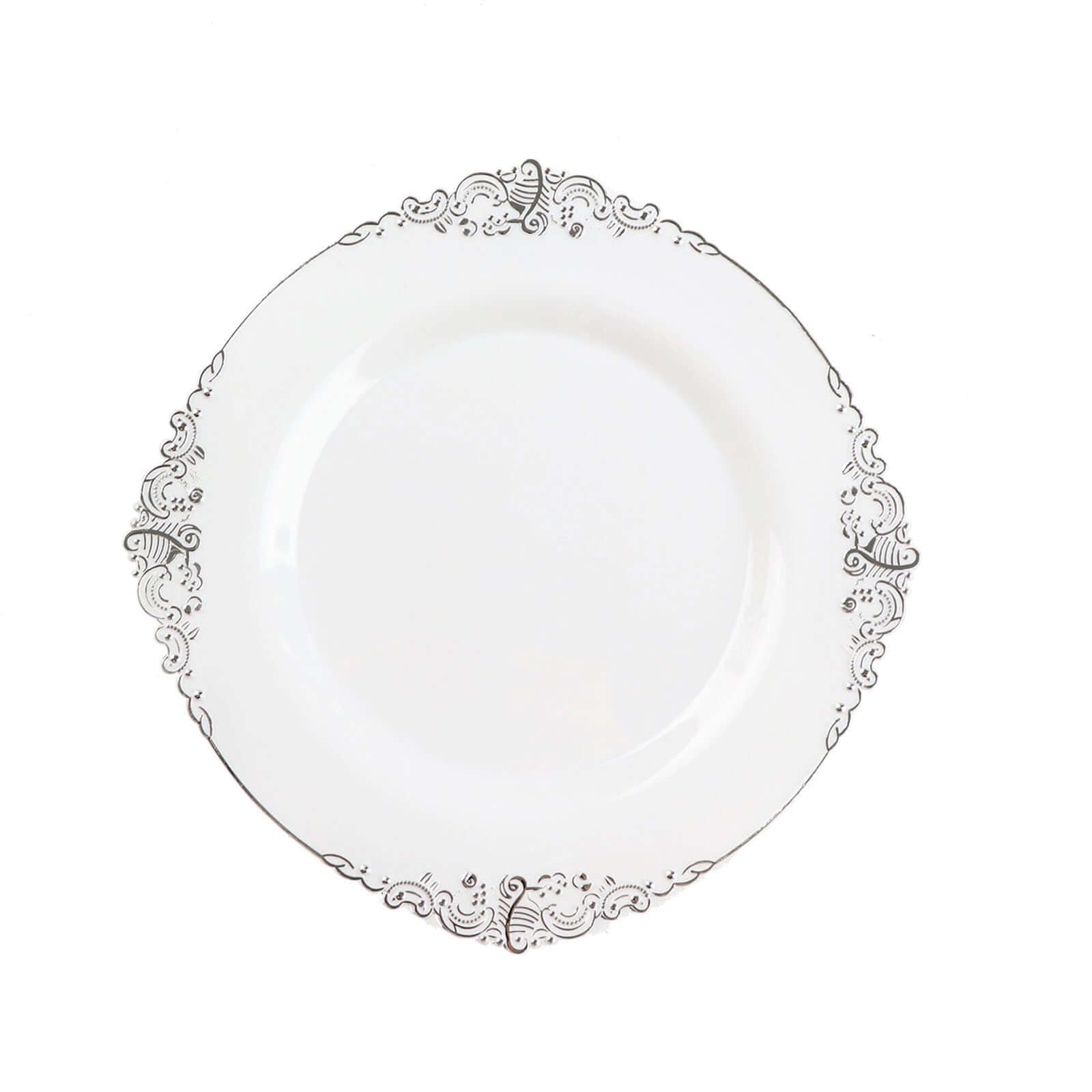 10-Pack Plastic 8" Round Dessert Plates in White with Silver Leaf Embossed Rim - Disposable Vintage Baroque Style Salad Plates