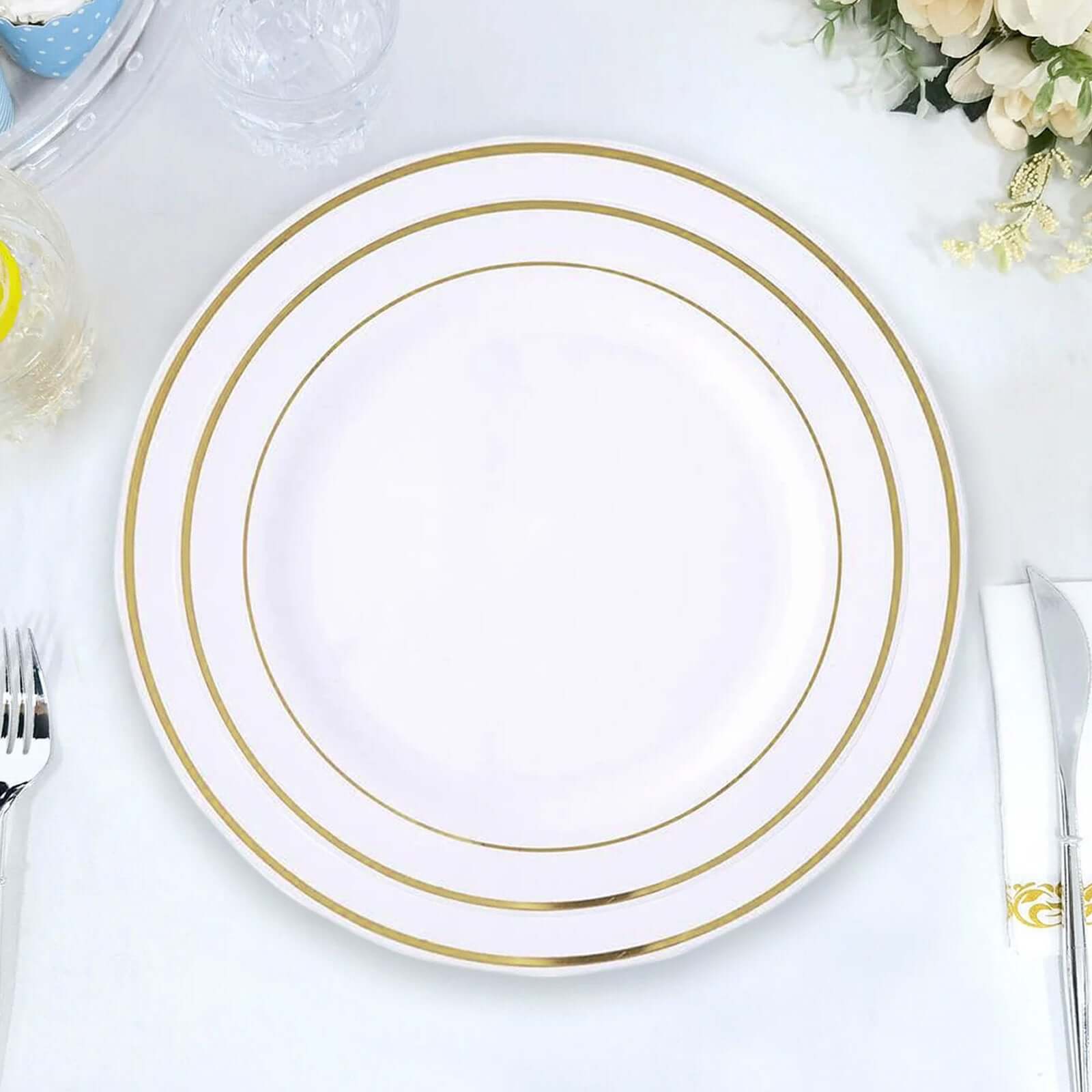 10-Pack Plastic Dessert Plates White with Très Chic Gold Rim - Disposable Plates for Parties 8"